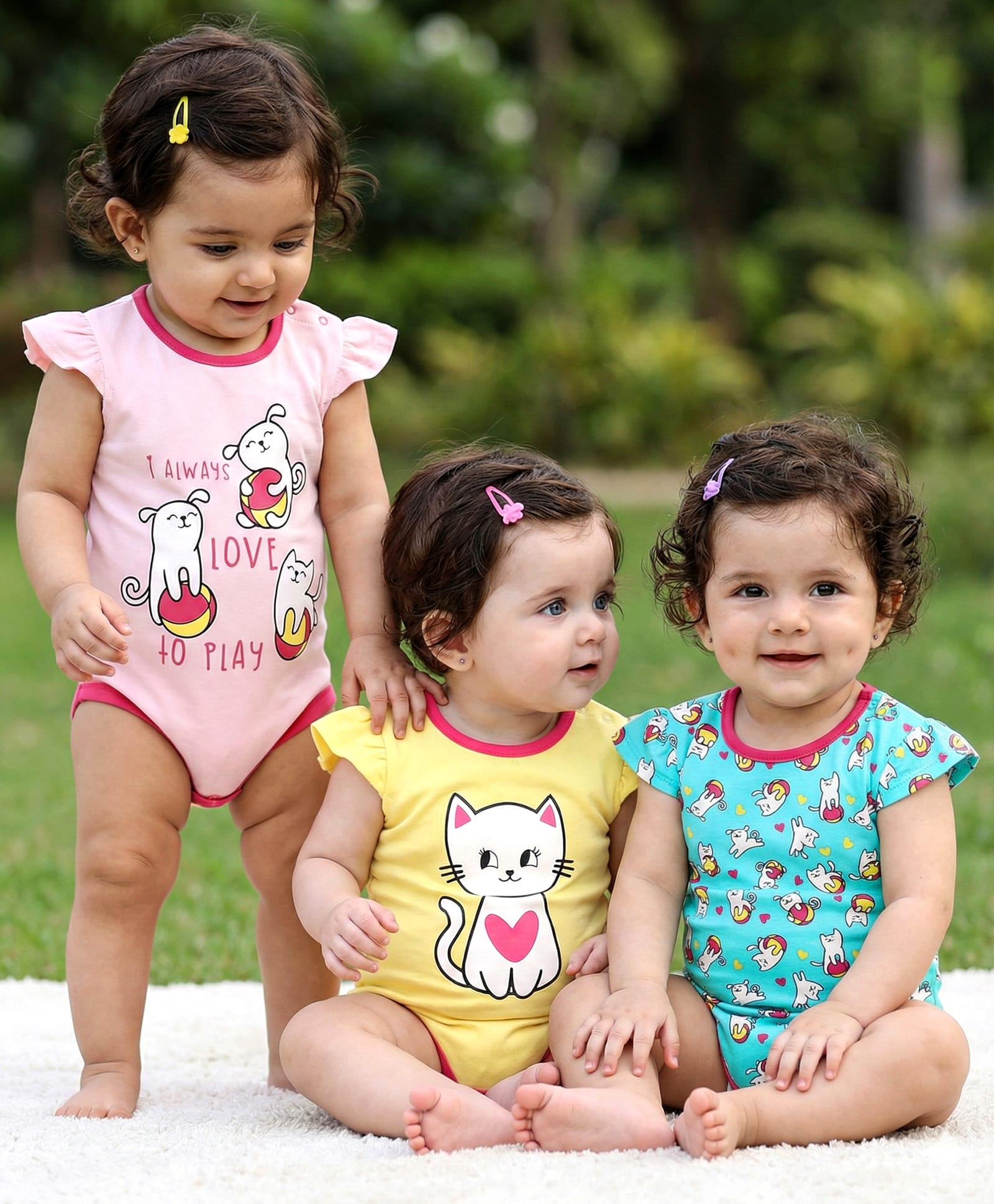 Babyoye Cap Sleeves Cotton Printed Onesies Pack of 3 - Baby Pink Yellow Blue-image-35