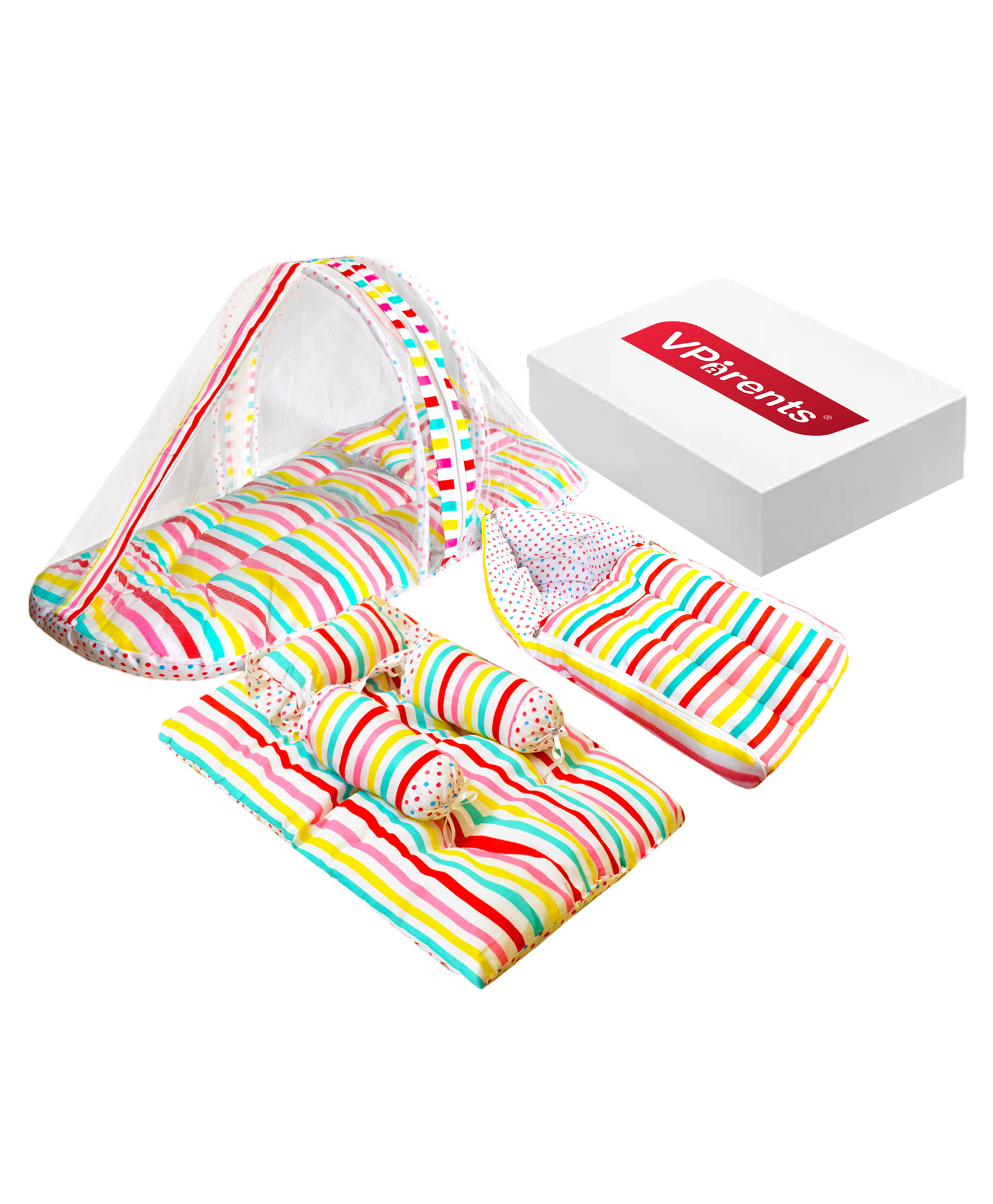 VParents Mite Baby 4 Pieces Bedding Set With Pillow and Bolsters Sleeping Bag and Beddding Set Combo - Stripes-picture-4