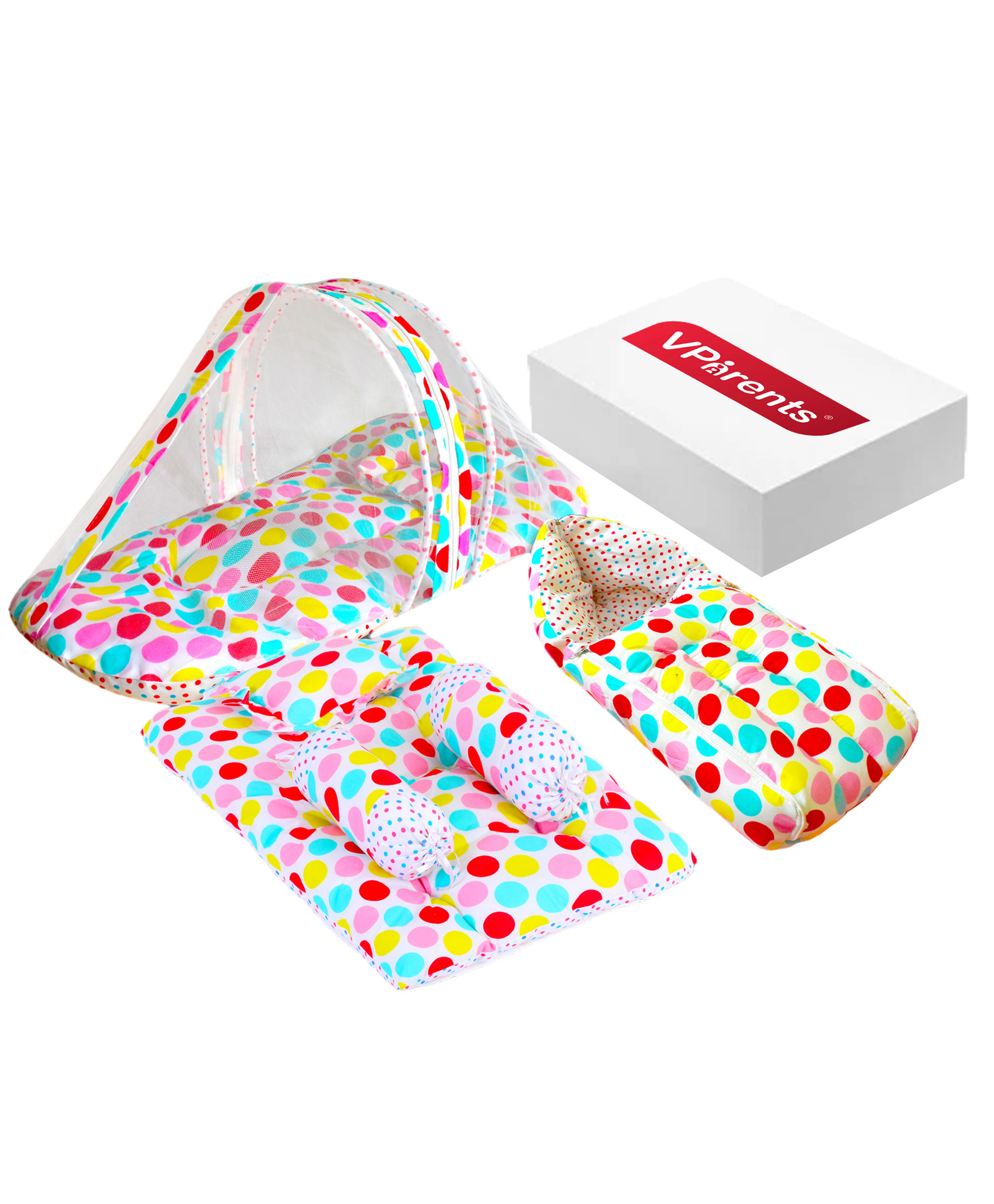 VParents Mite Baby 4 Pieces Bedding Set With Pillow and Bolsters Sleeping Bag and Beddding Set Combo - Polka Dots-picture-0