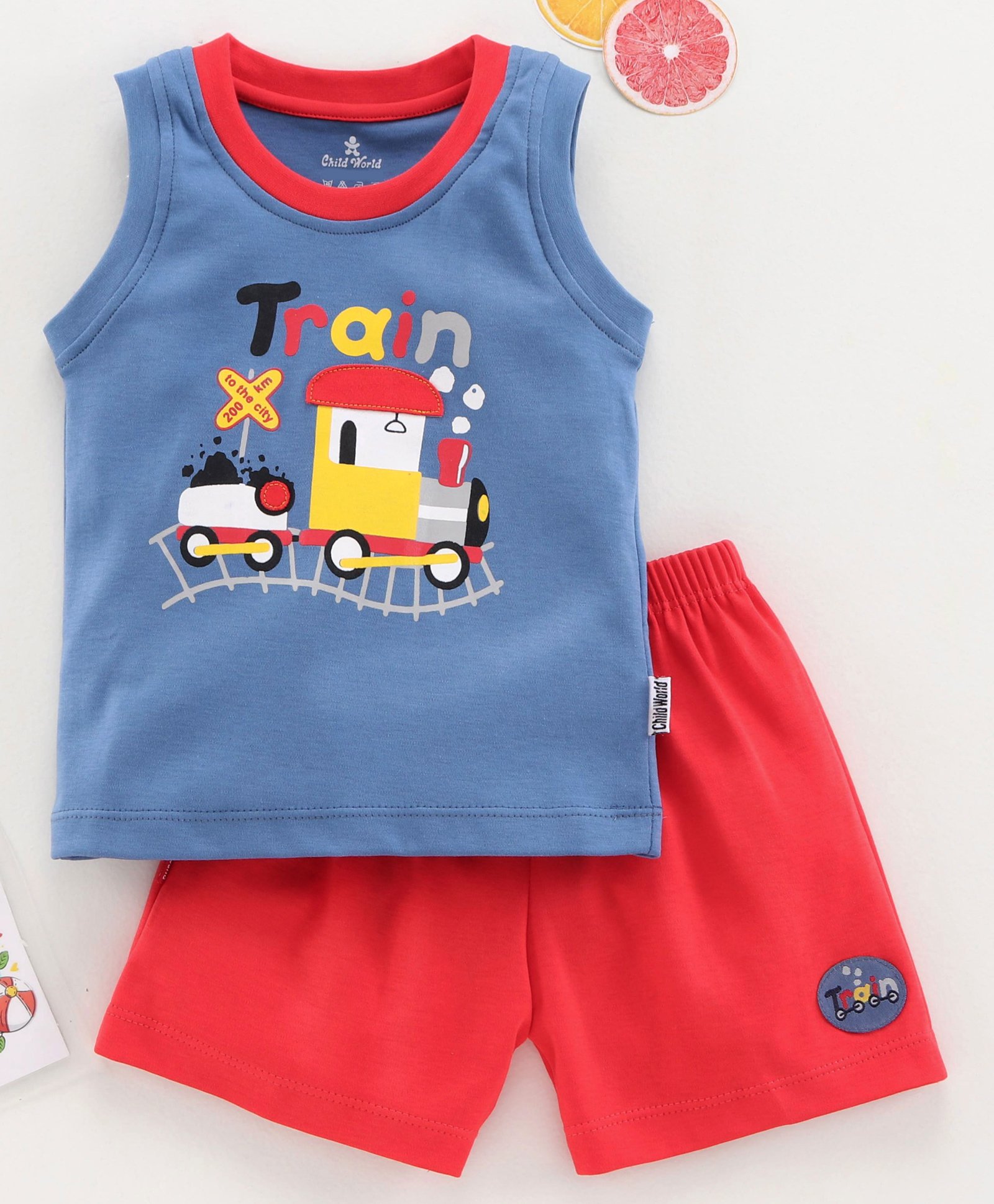 Buy Child World Sleeveless T Shirt Shorts Train Print Red Blue For Boys 3 6 Months Online In India Shop At Firstcry Com