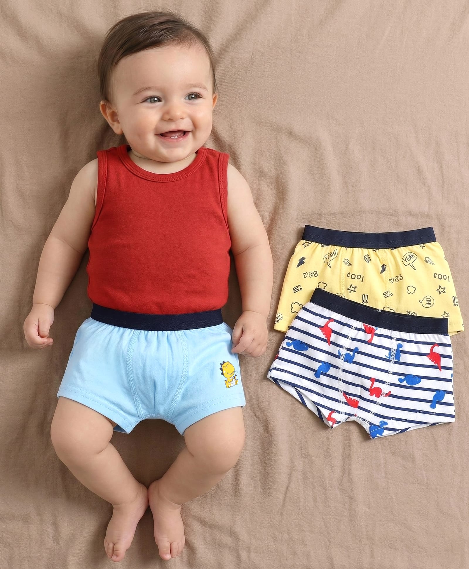 Babyoye Antibacterial  Cotton Trunks Multiprint Pack of 3 - Yellow Blue White-image-9