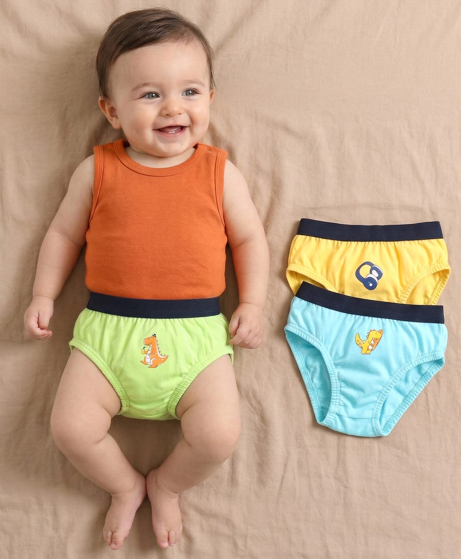 Babyoye Antibacterial Cotton Briefs Dino Print Pack of 3 - Blue Green Yellow-image-41