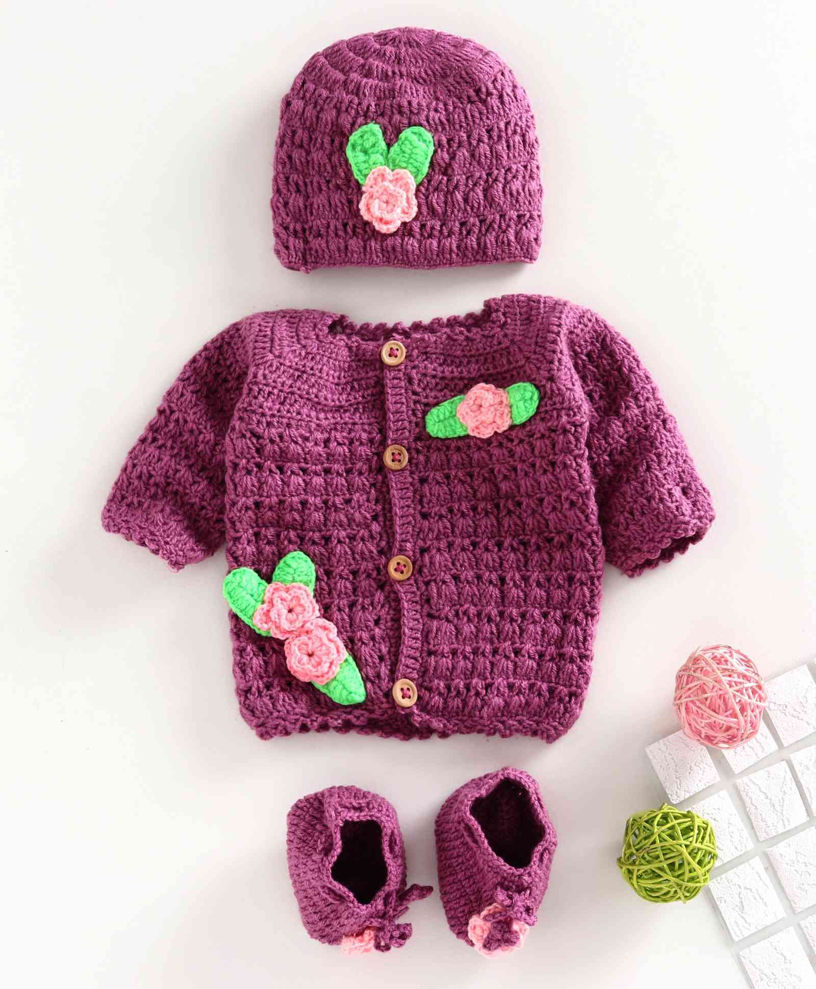 USHA ENTERPRISES Full Sleeves Floral Applique Sweater With Cap & Booties - Purple-picture-13