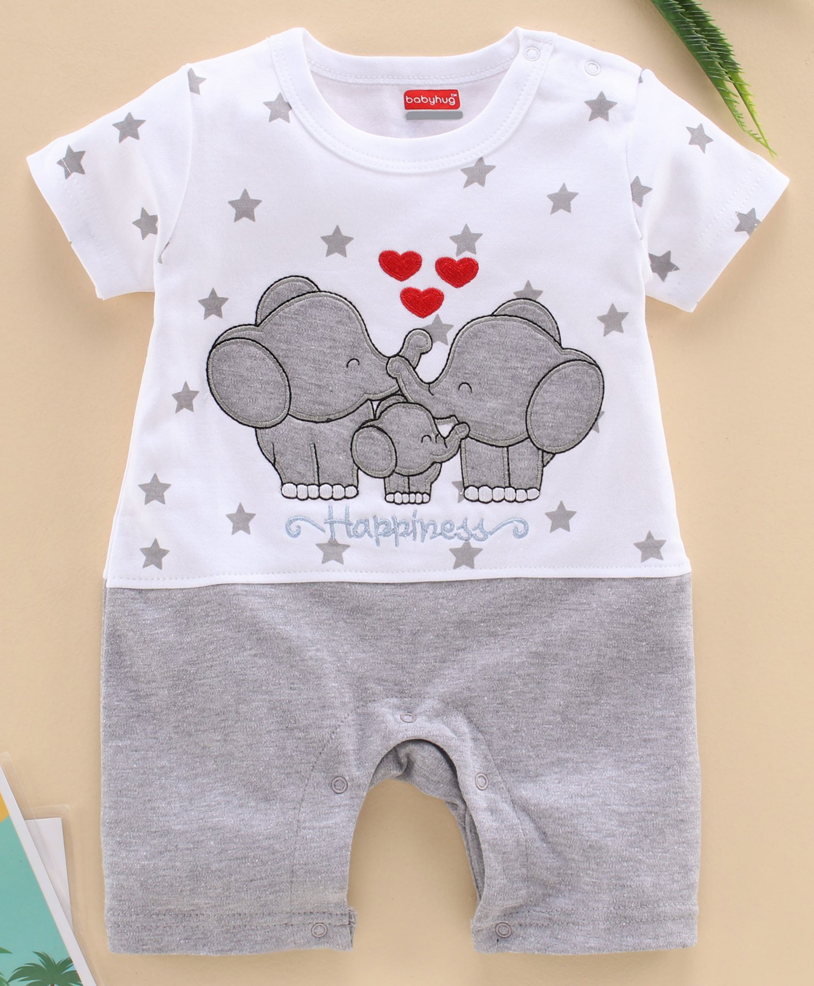 Babyhug 100% Cotton Half Sleeves Romper Elephant Embroidery - Grey White-image-48