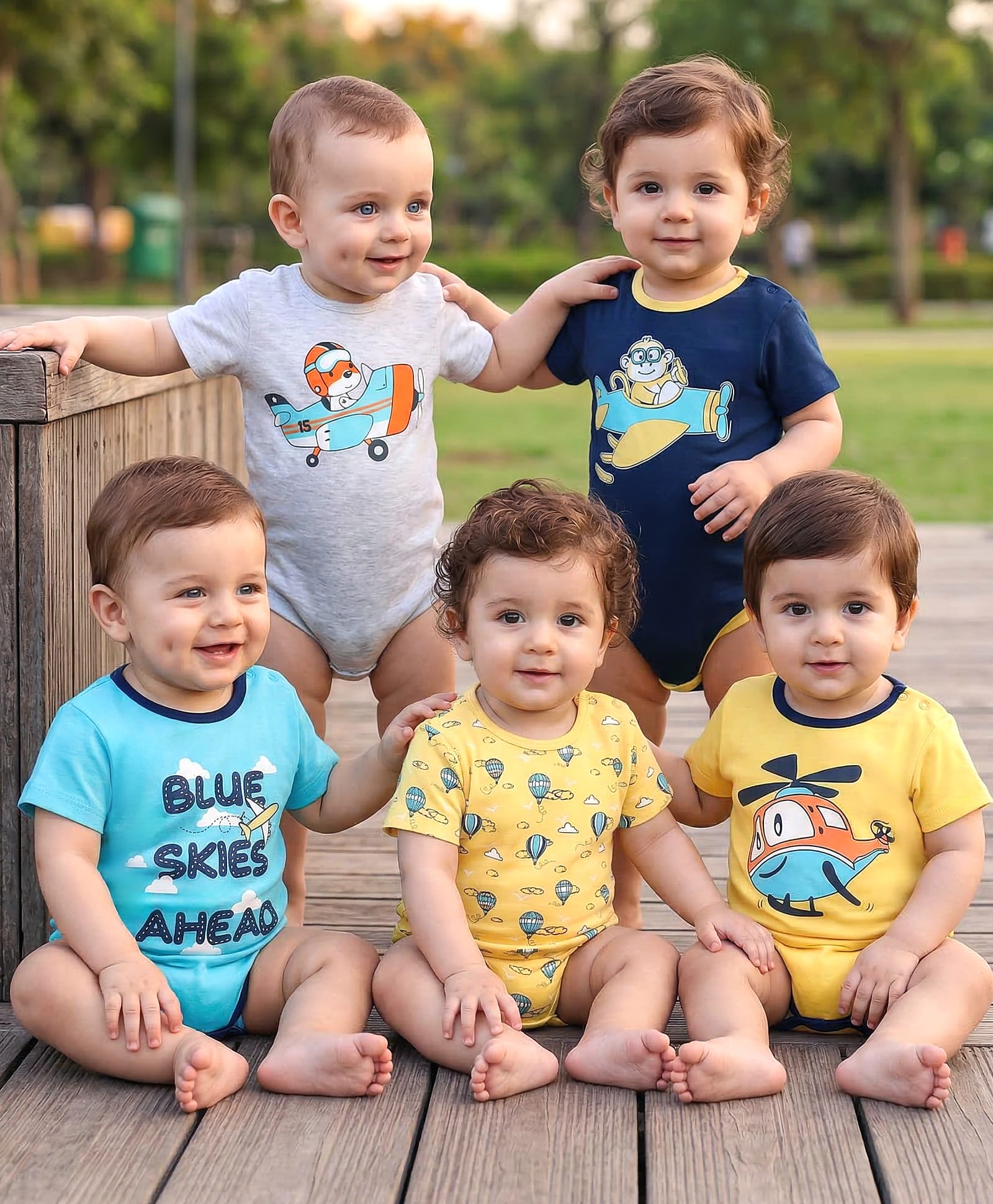 Babyoye Bio-Wash Half Sleeves Onesie Plane Print Pack of 5 - Yellow-picture-32