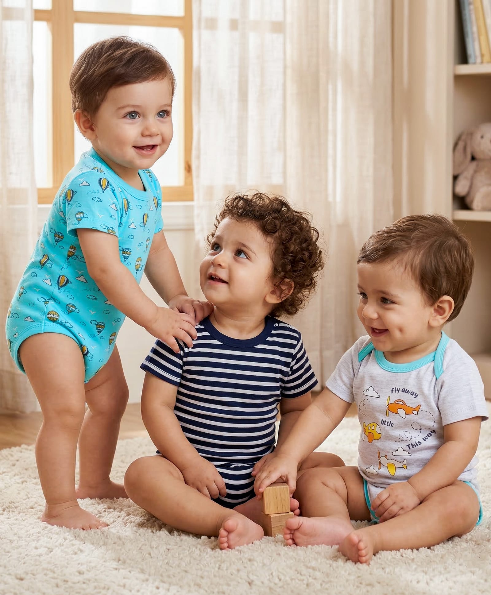 Babyoye Bio-Wash Half Sleeves Cotton Onesie Balloon Print Pack of 3 - Blue-picture-34