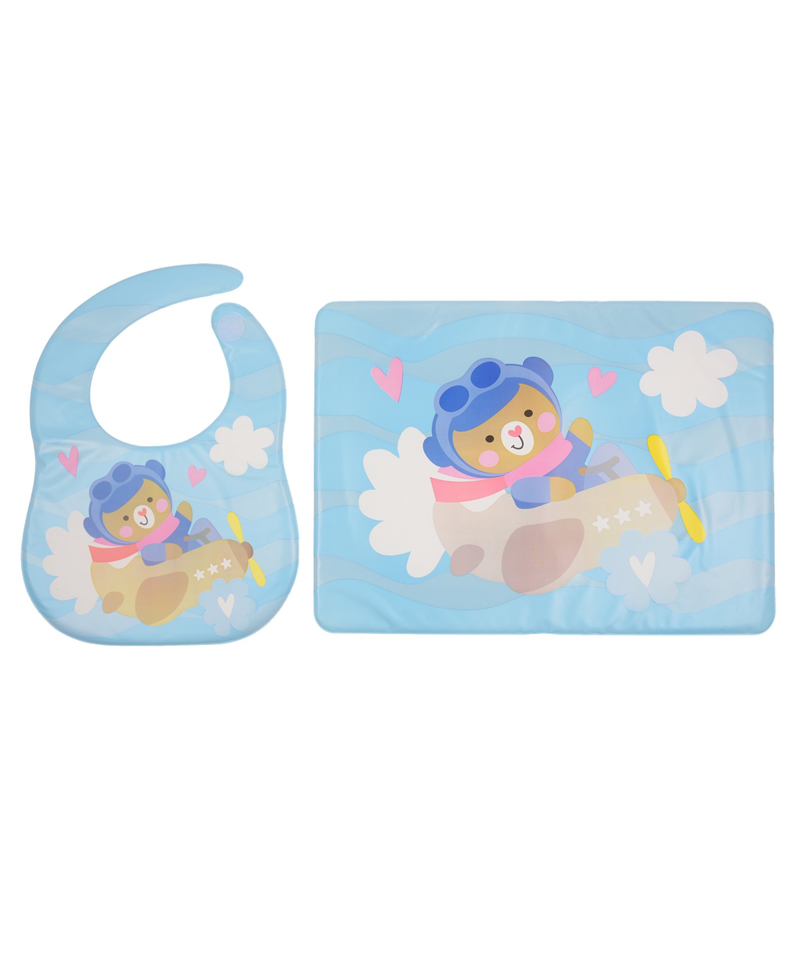 Yellow Bee Feeding Bib With Mat Flying Bear Print - Blue-picture-20