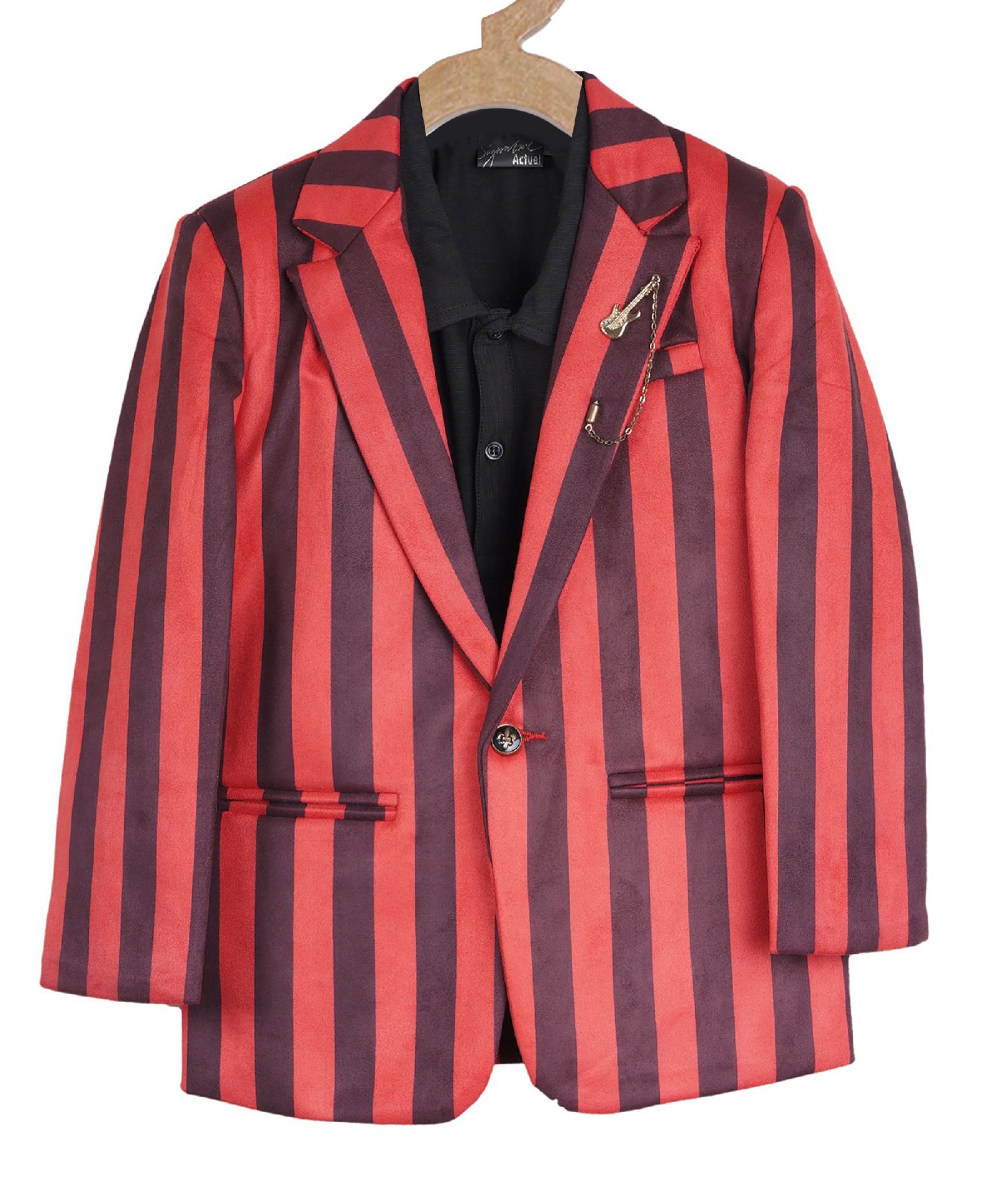 red and black striped blazer