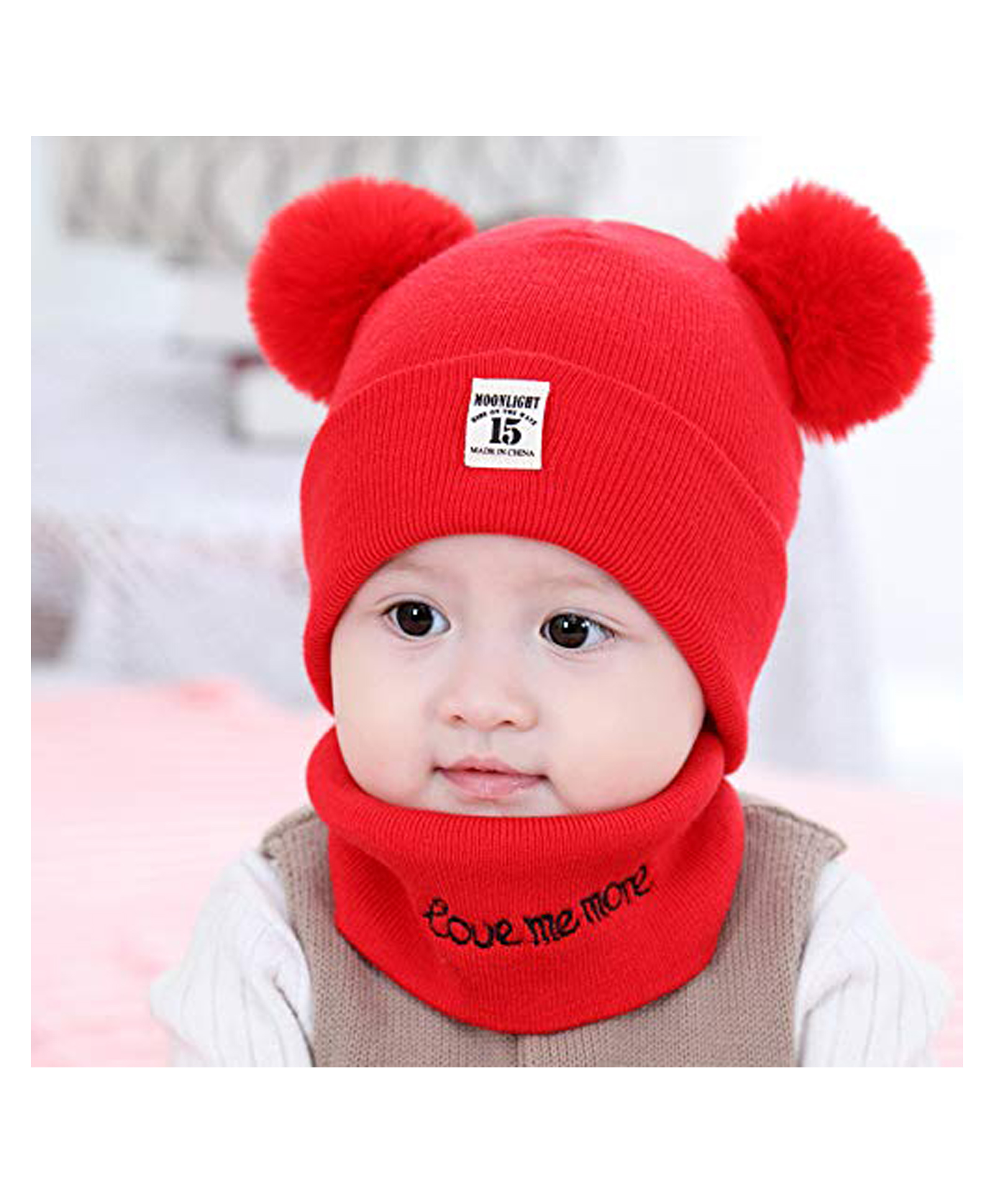 Syga Knitted Pom Pom Cap With Neckwear Red - Circumference 39 to 43 cm-picture-23