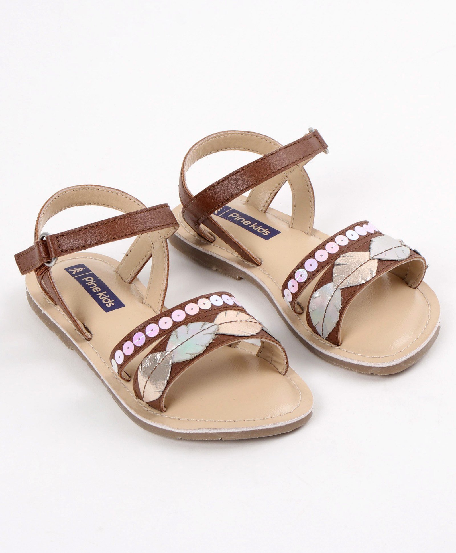 Pine Kids Party Wear Sandals Sequin & Cutwork Detail - Brown-picture-26