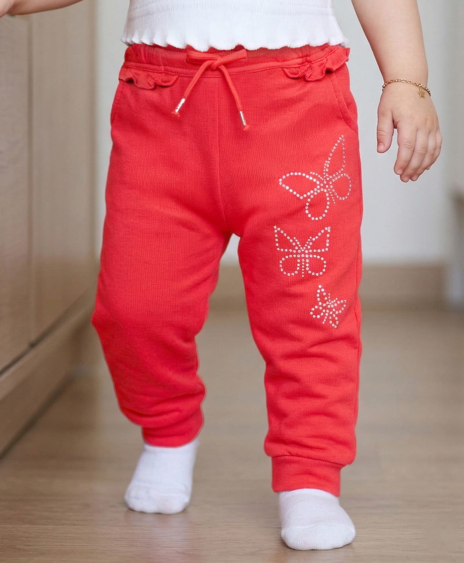 Babyoye Full Length Cotton Lounge Pant with Studded Butterflies - Red-image-20
