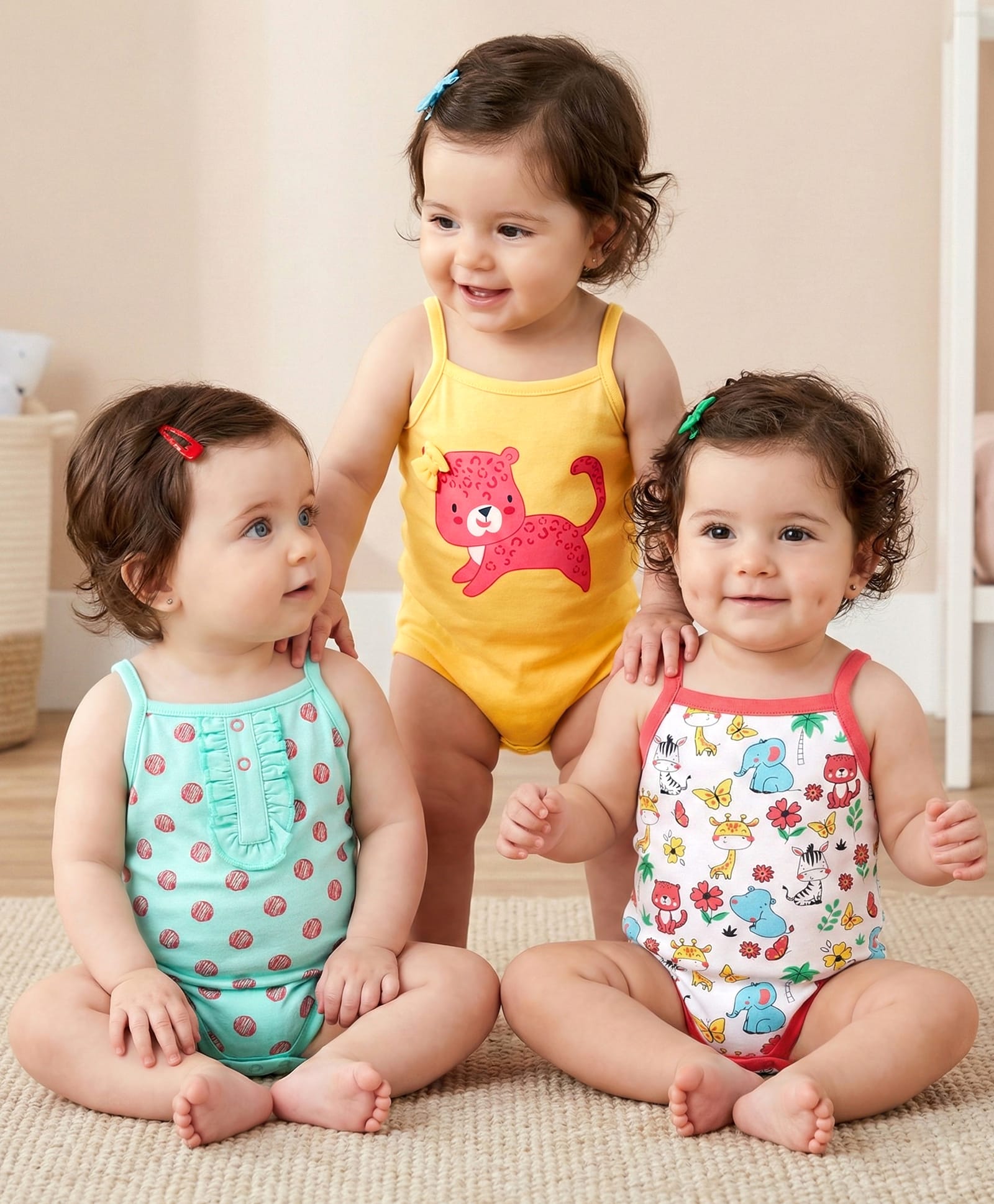 Babyoye Sleeveless Printed Onesie Pack of 3 - Multicolor-image-16