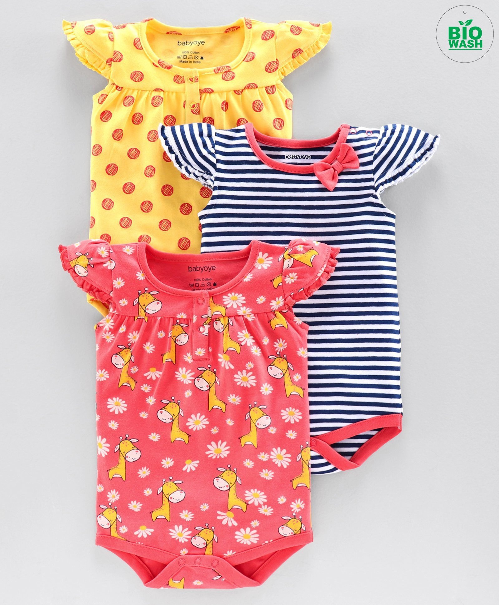 Babyoye Cotton Cap Sleeves Onesies Multi Print Pack of 3 - Multicolor-picture-28