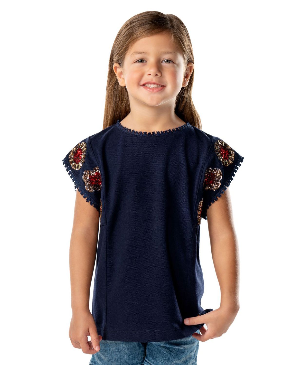 Cherry Crumble By Nitt Hyman Short Sleeves Sequin Flower Detailing Top - Dark Blue-picture-16