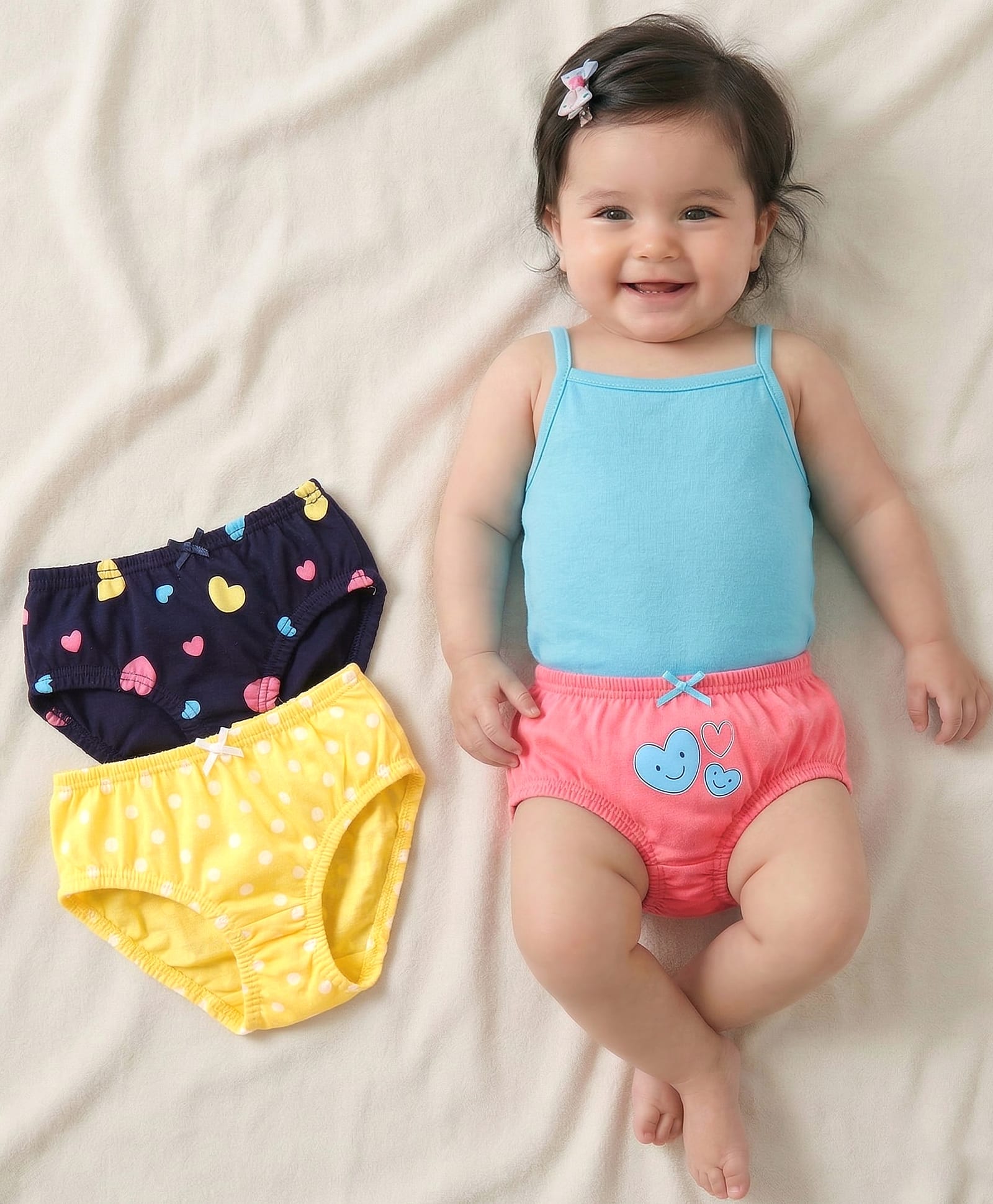 Babyoye Cotton Panties Heart & Dot Print Pack of 3 - Pink Yellow Navy Blue-image-35