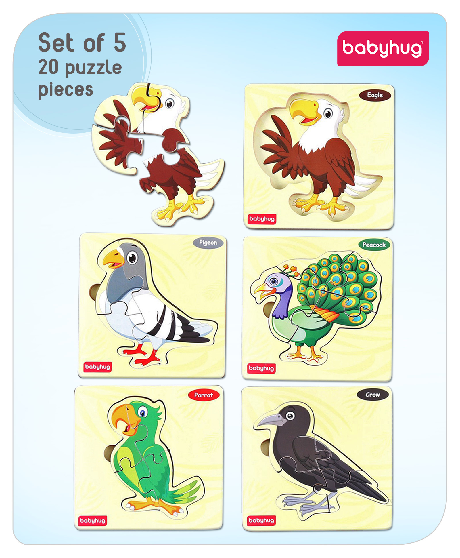 Babyhug Birds Jigsaw Wooden Board Puzzle Set of 5 - 4 Pieces Each-image-25