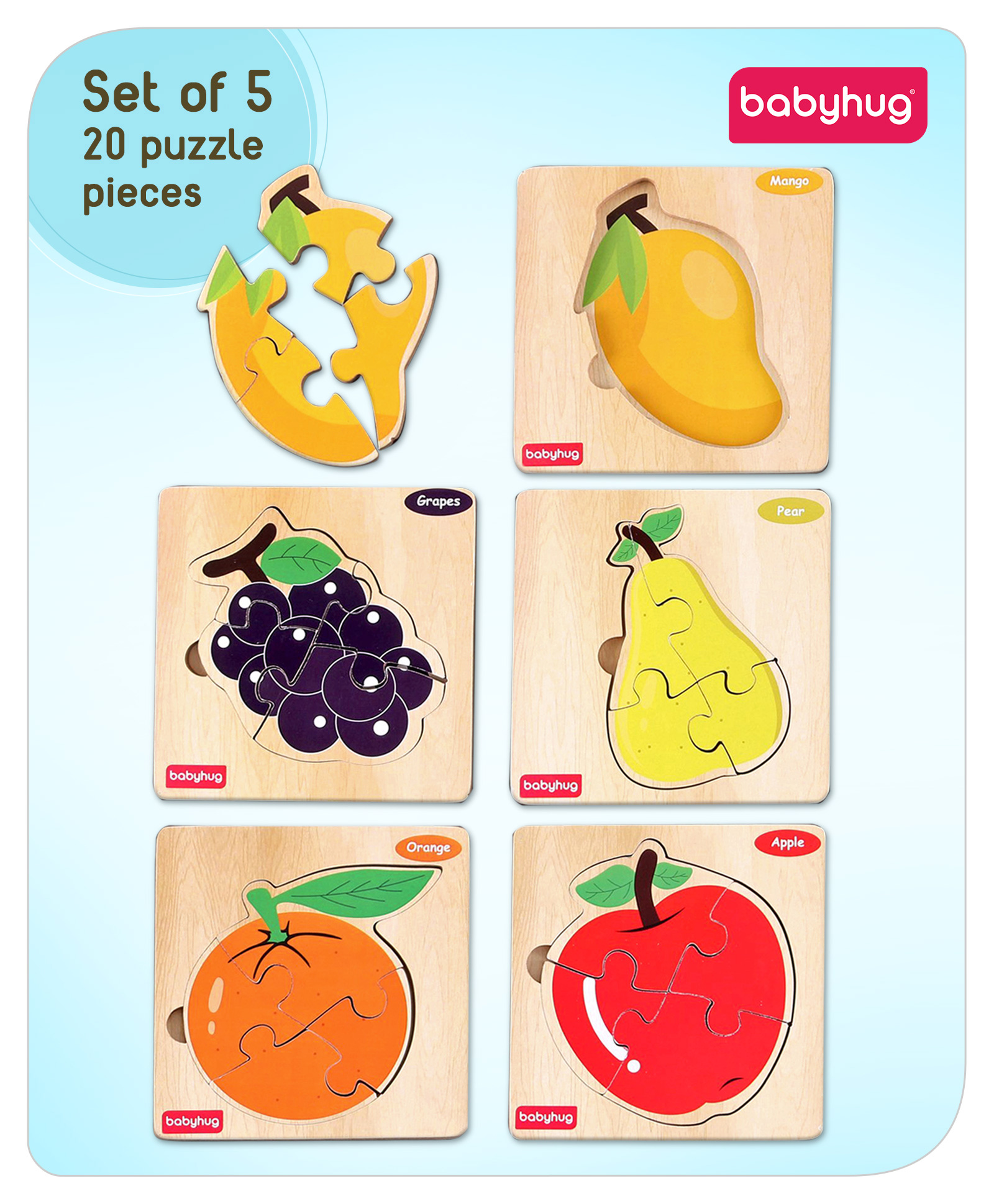 Babyhug Fruits Jigsaw Wooden Board Puzzle Set of 5 - 4 Pieces Each-picture-24