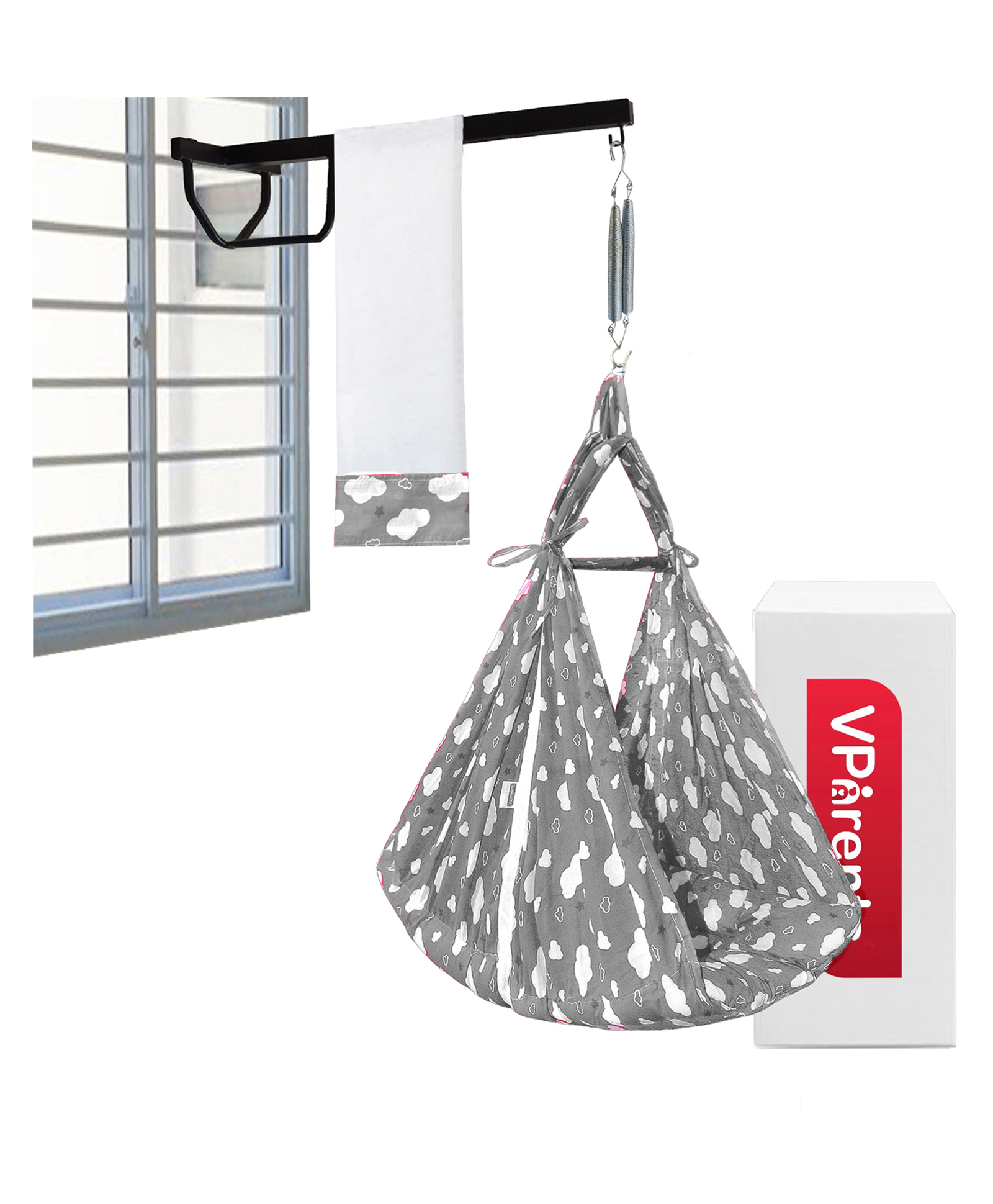 VParents Sunny baby Swing cradle with Mosquito Net  Spring And Metal Window Cradle Hanger - Grey-image-29