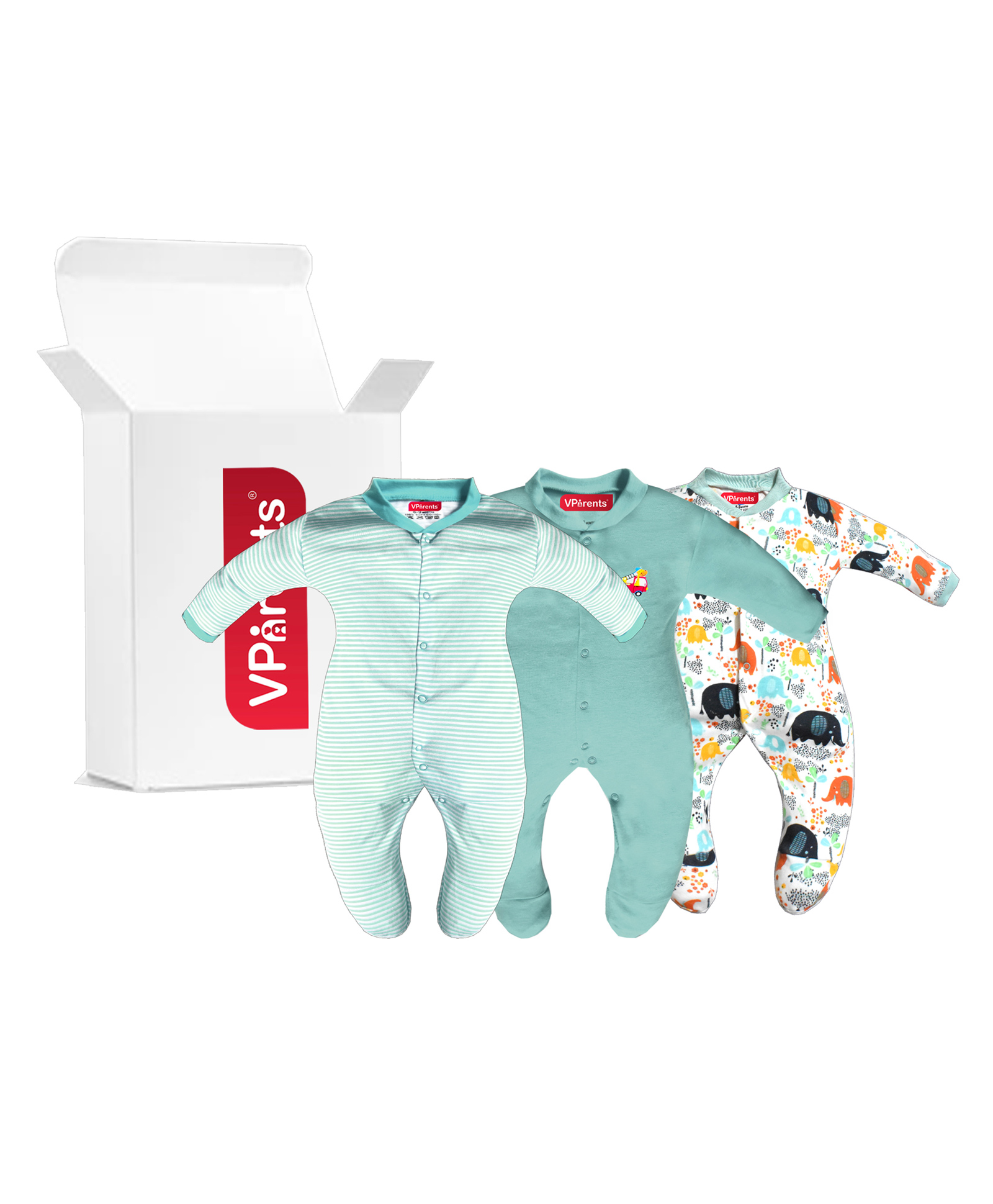 VParents Aqua Footed Baby Romper Pack of 3 - Green (Design May Vary)-image-38