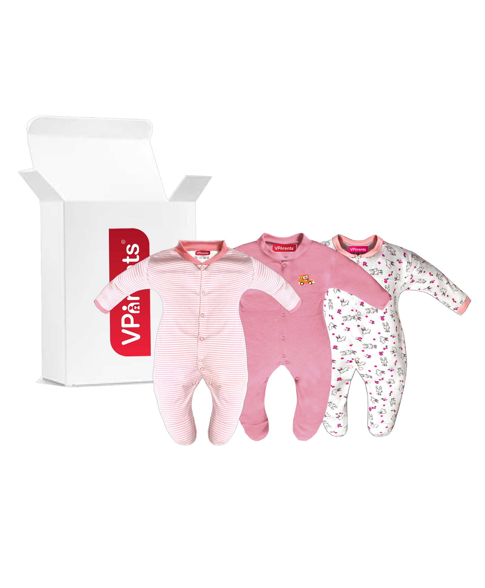 VParents Aqua Footed Baby Romper Pack of 3 - Light Pink (Design May Vary)-image-42