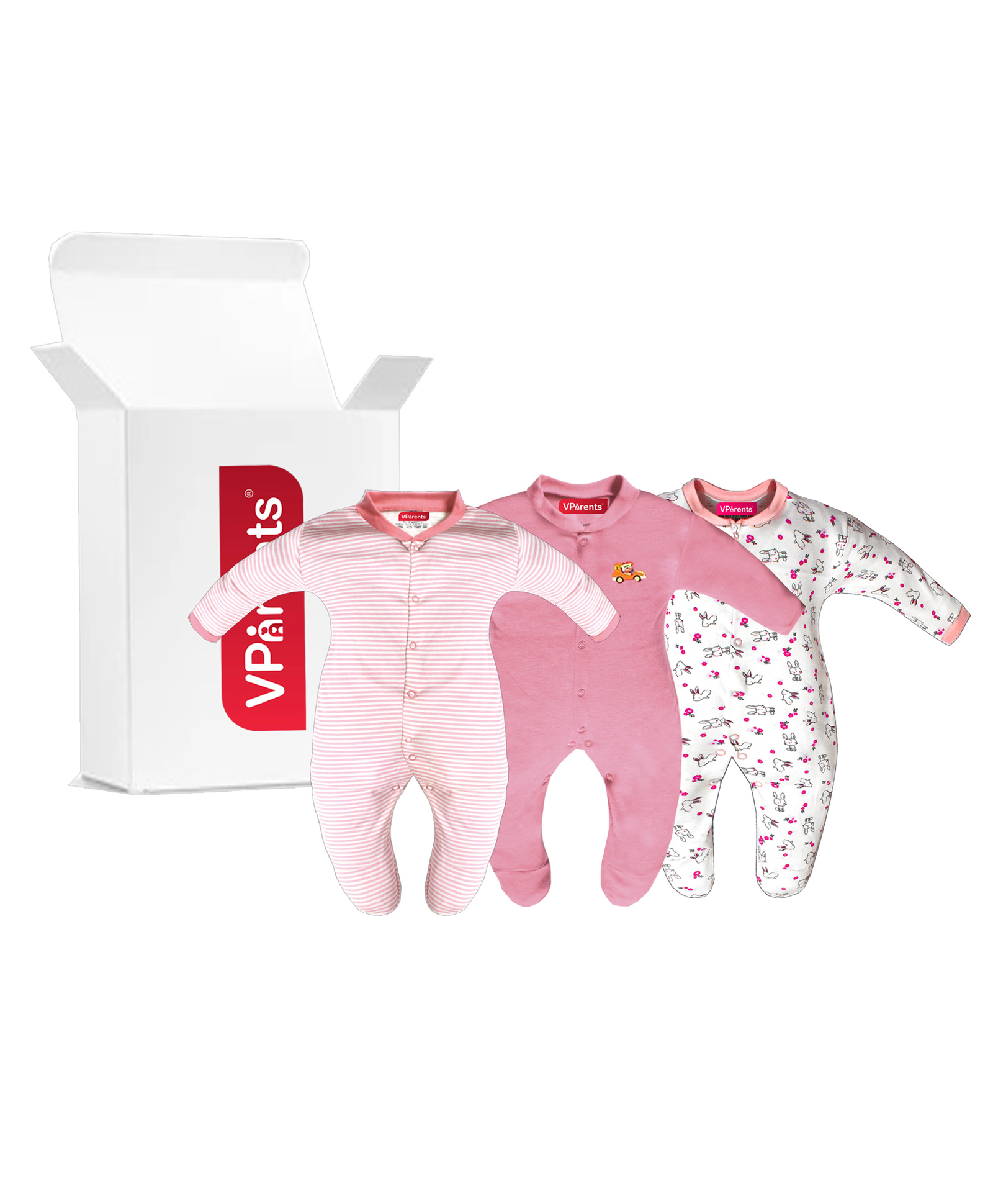 VParents Aqua Footed Baby Romper Pack of 3 - Light Pink (Design May Vary)-image-0