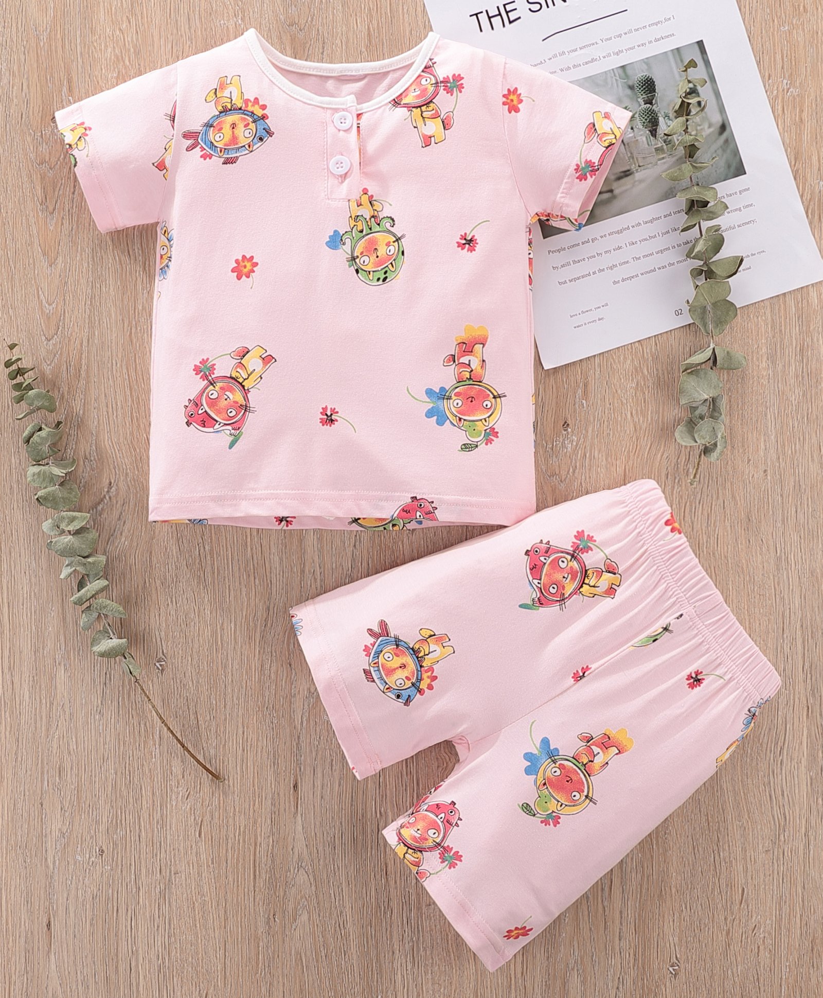 Kookie Kids Half Sleeves Night Suit Kitty Print - Pink-image-40