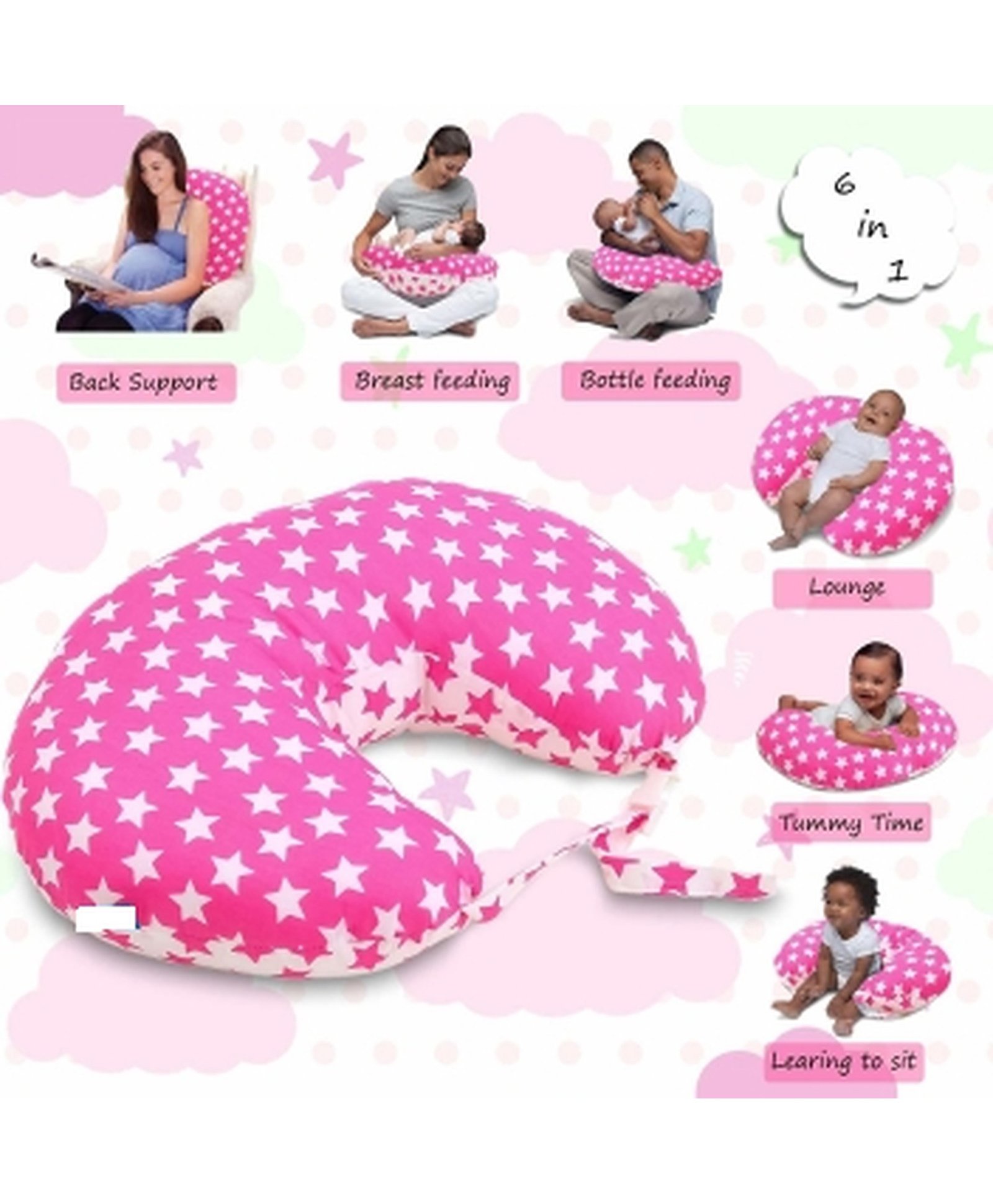 Get It 100% Cotton Breast Feeding Recron Star Print Pillow Removable Cover wIth Zip Buckle Adjust Nursing  - Pink Star-picture-29