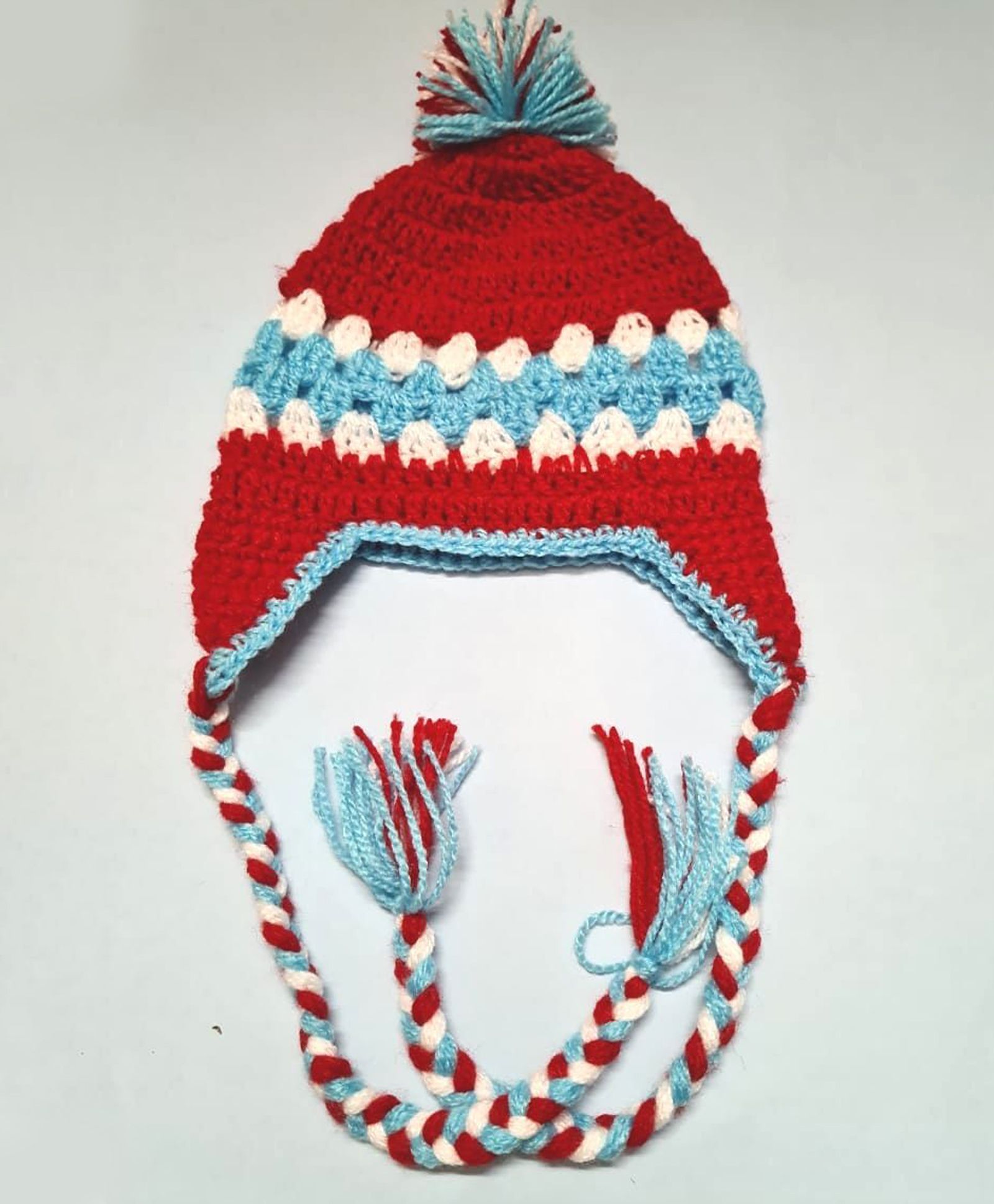 Knits & Knots  crochetStriped Ear Flap Cap - Circumference 30cm - Red Blue & White-image-43