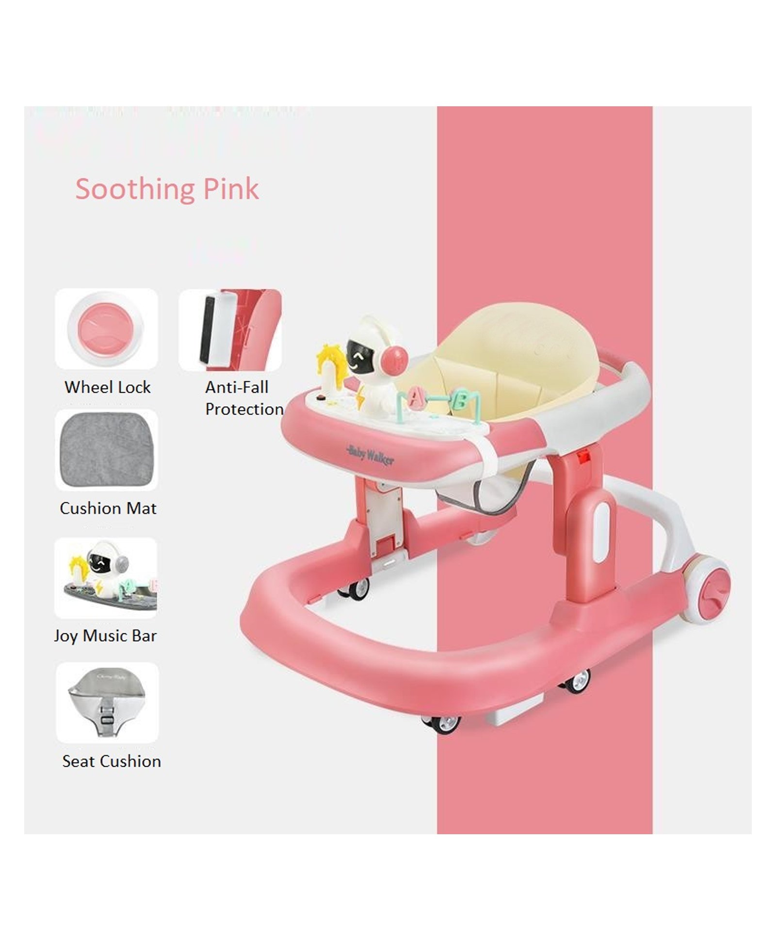 Pink Baby Walker Multi-Functional Anti Rollover Height Adjustable Foldable Folding Baby Walker Boys and Girls Silent Wheel Removable Foot pad 