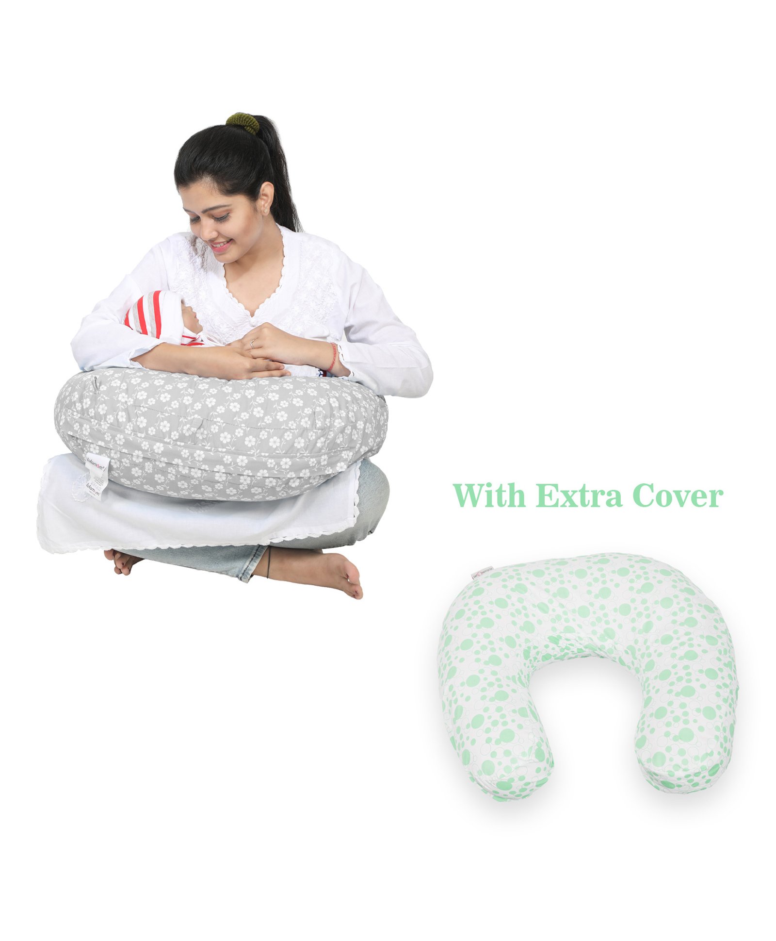Lulamom Nursing Pillow with Cotton Cover Floral Print - Grey-picture-4