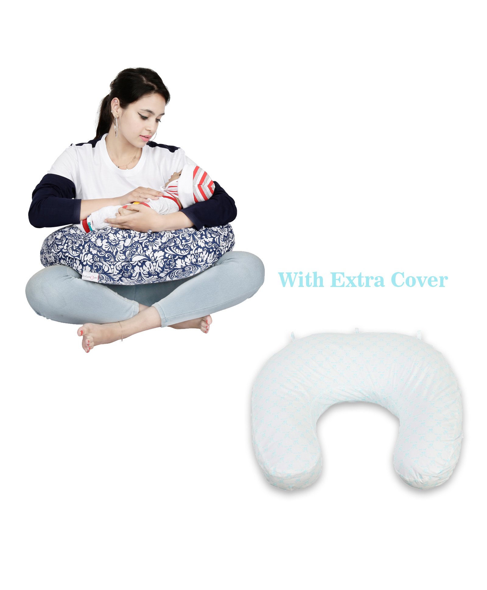 Lulamom Nursing Pillow with Cotton Cover Rose Print - Navy Blue-image-30