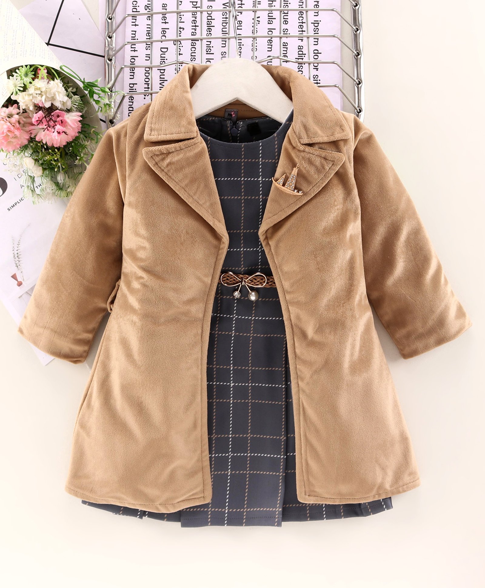 Buy Enfance Full Sleeves Long Jacket With Checked Dress Belt Khaki For Girls 7 8 Years Online In India Shop At Firstcry Com