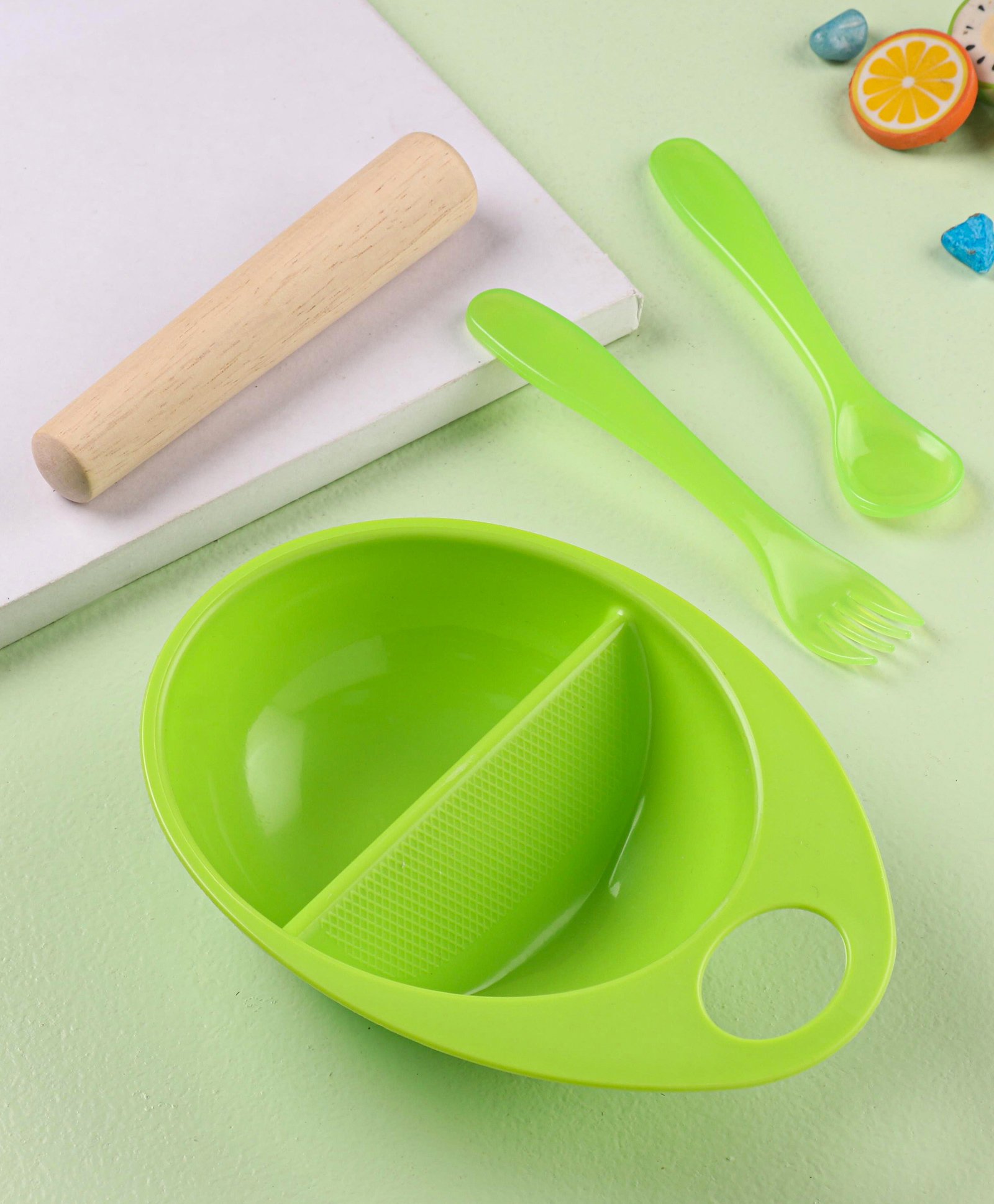 Feeding Bowl With Spoon Fork & Food Masher - Green-image-1