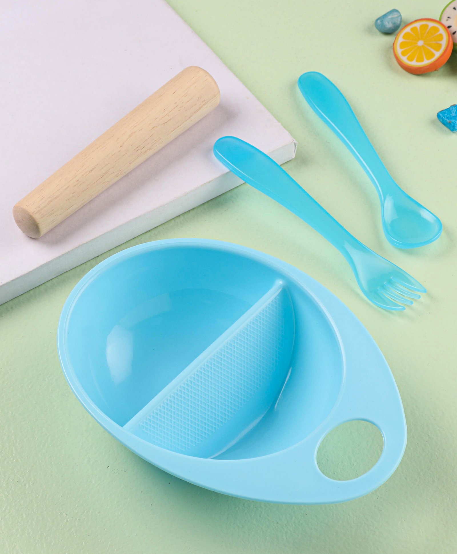 fab n funky Feeding Bowl With Spoon Fork & Food Masher - Blue-picture-14
