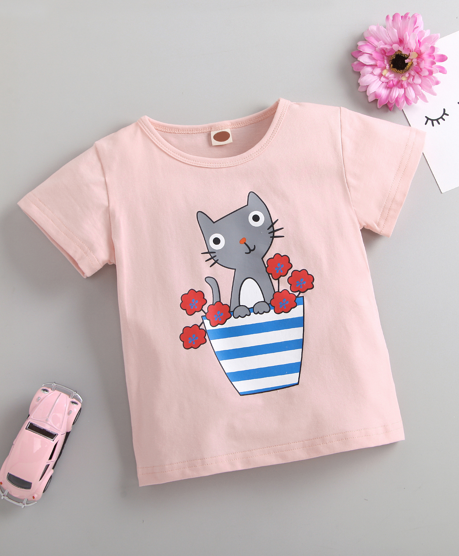 Kookie Kids Half Sleeves Tee Kitty Print - Pink-image-32
