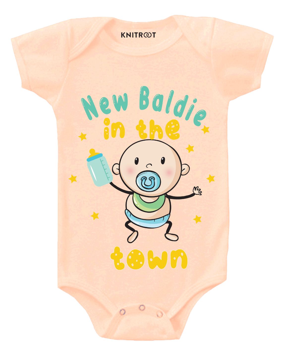 KNITROOT Short Sleeves New Baldie In The Town Print Onesies - Peach-image-19