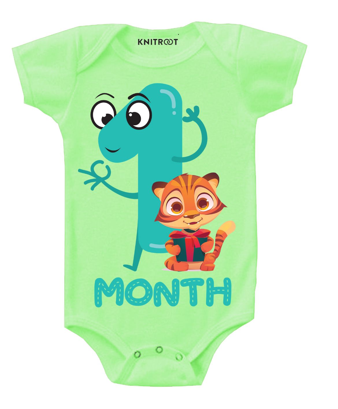 KNITROOT Short Sleeves 1 Month Tiger Print Onesie - Green-image-38