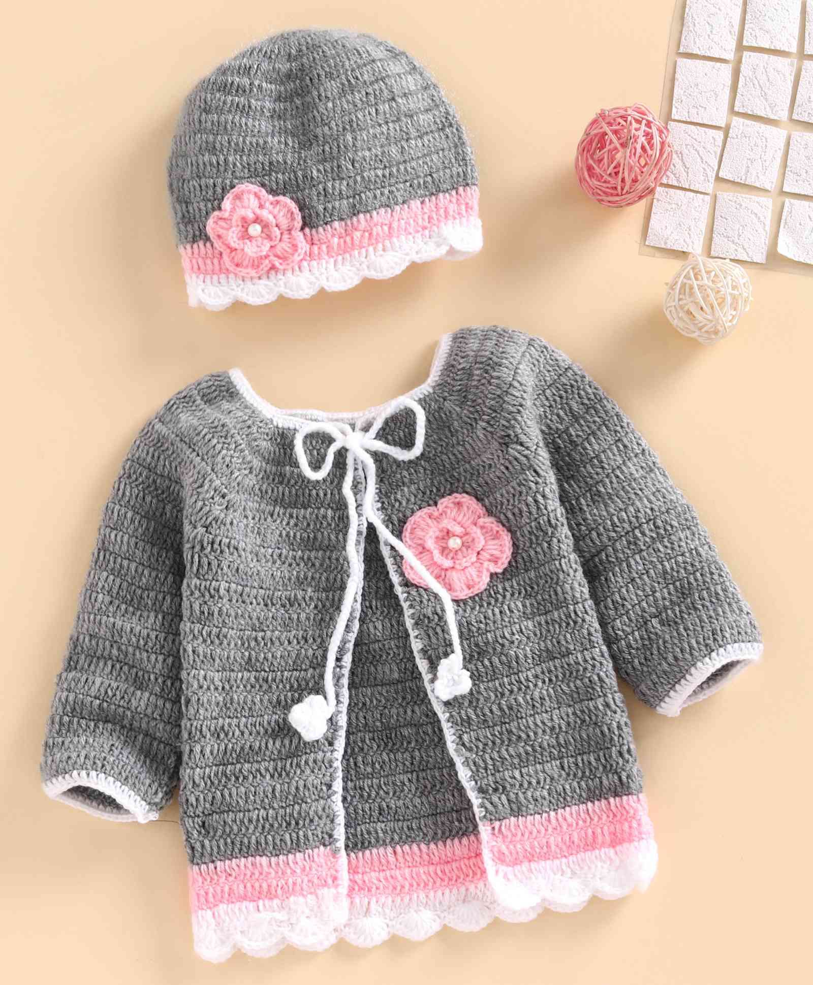 USHA ENTERPRISES Full Sleeves Floral Design Sweater With Cap - Grey & Pink-image-23