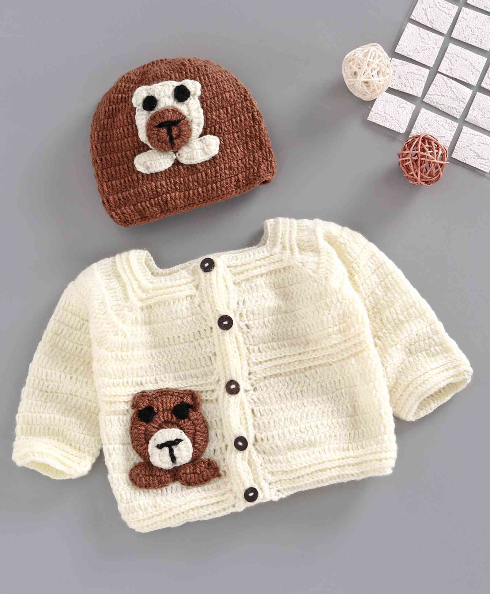 USHA ENTERPRISES Full Sleeves Teddy Detailing Baby Sweater With Cap - Brown-picture-34