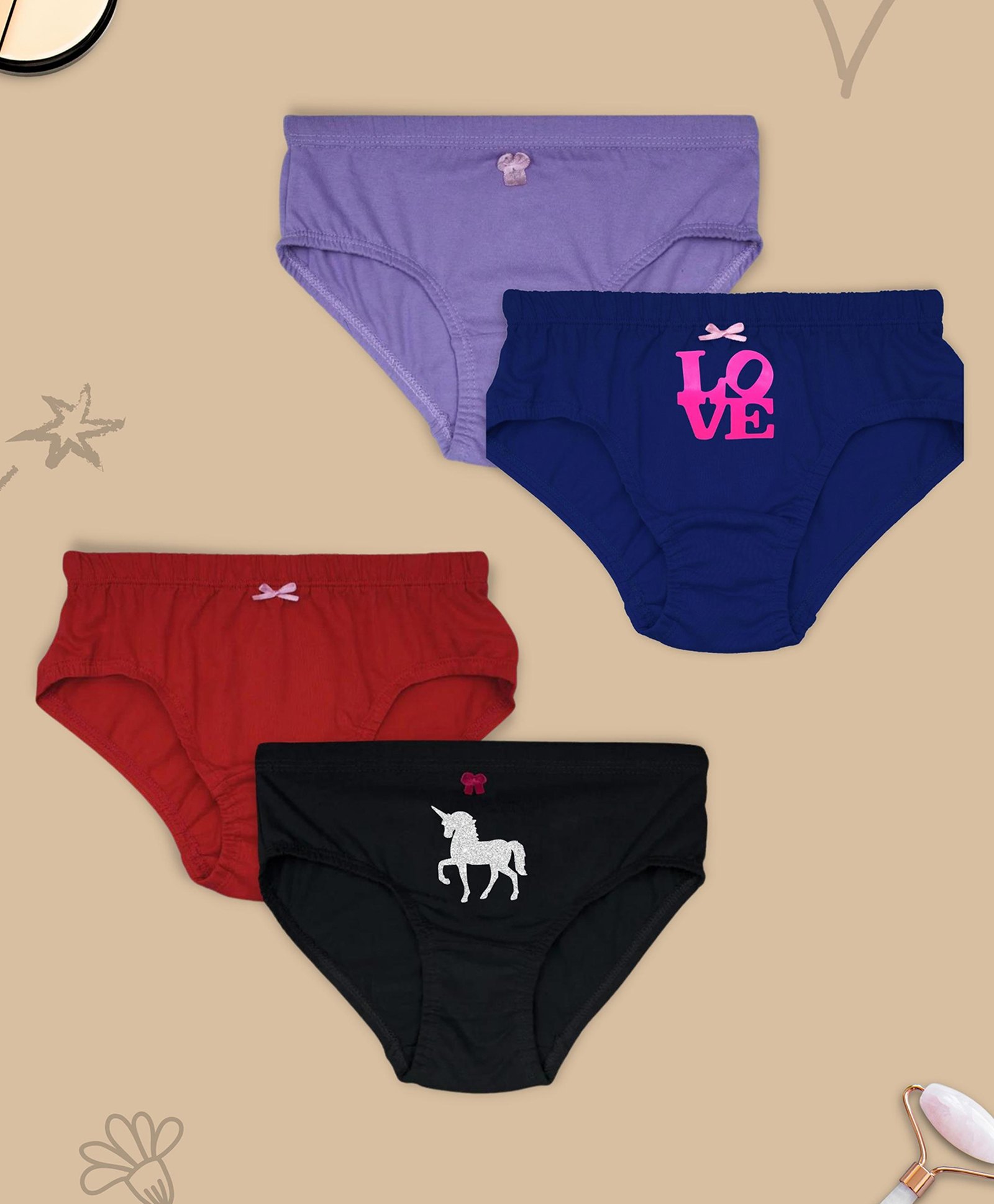 D'chica Love & Unicorn Print Pack Of 4 Assorted Colors Panties - Multi Color-picture-22