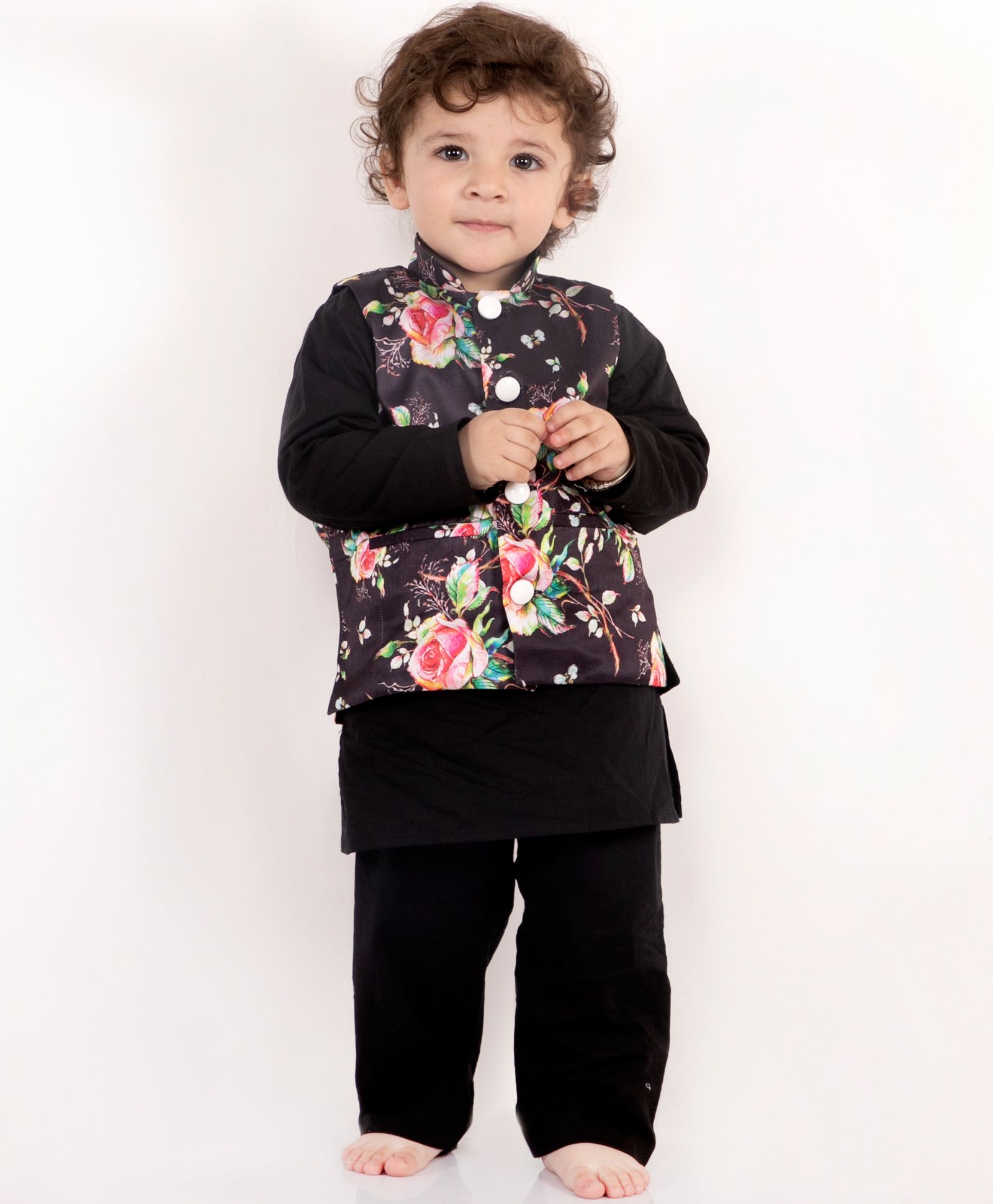 Little Bansi Full Sleeves Kurta With Floral Print Jacket & Pajama - Black-picture-13