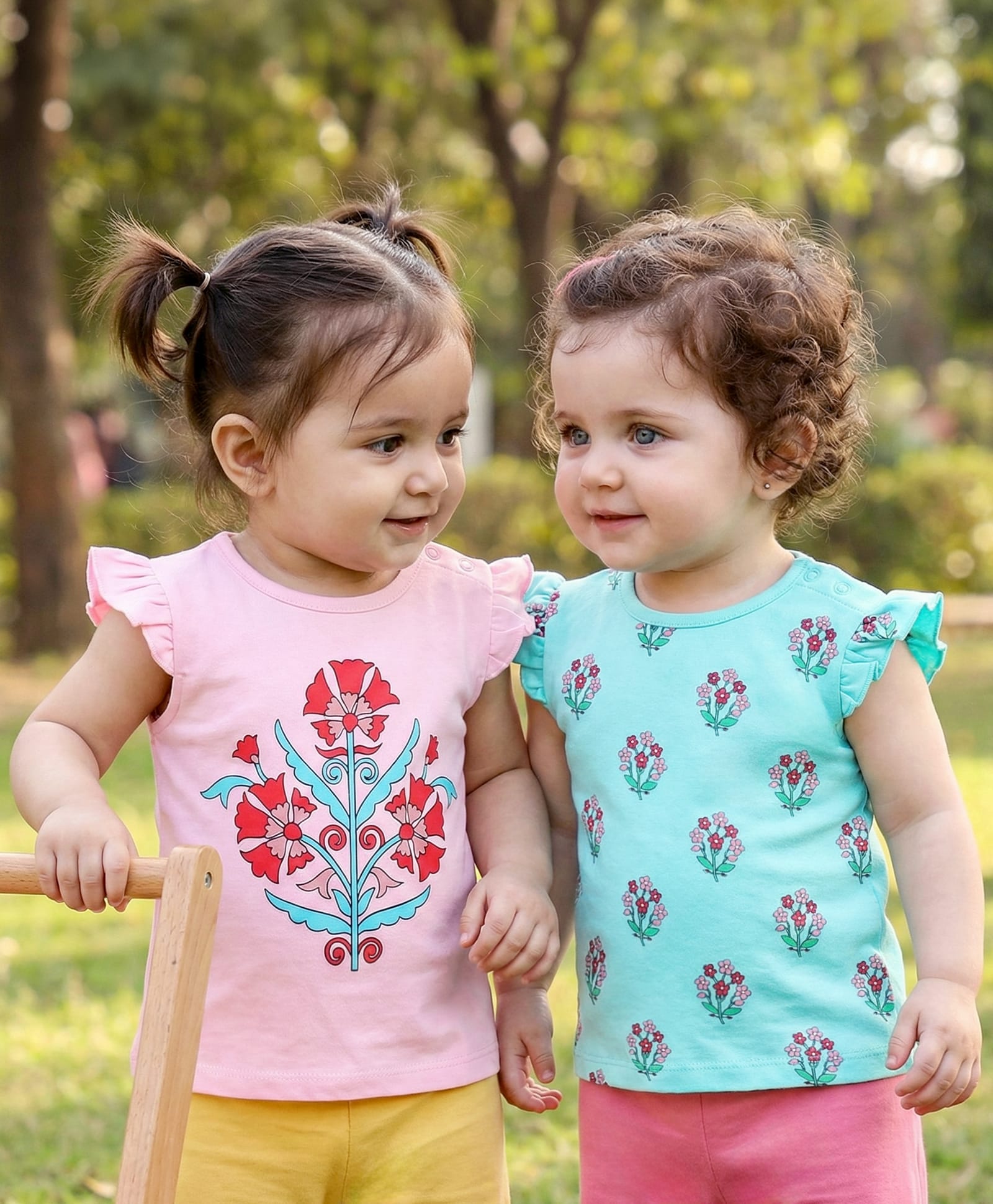 Babyoye Cap Sleeves Organic Cotton Tops Floral Print Pack of 2 - Pink Sea Green-image-12