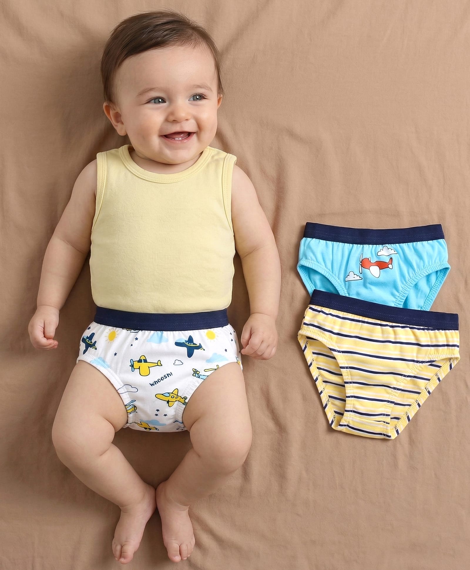 Babyoye Cotton Briefs Aeroplane Print Pack of 3 - Blue White Yellow-picture-26