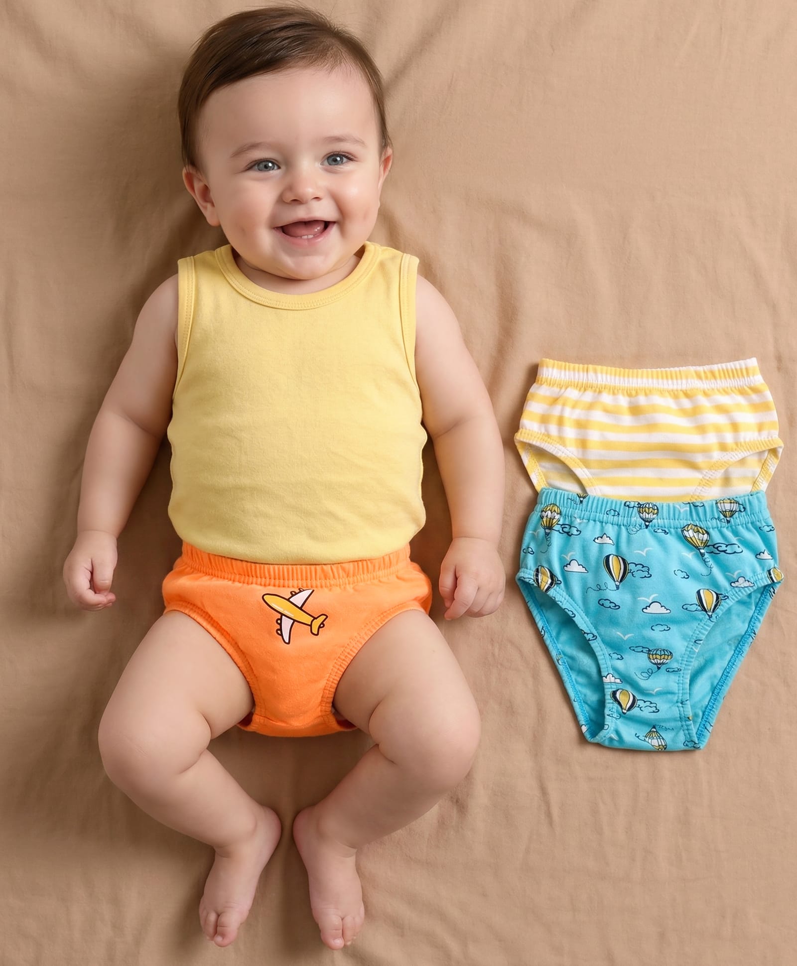 Babyoye Cotton Briefs Aeroplane Print Pack of 3 - Orange Yellow Blue-image-2