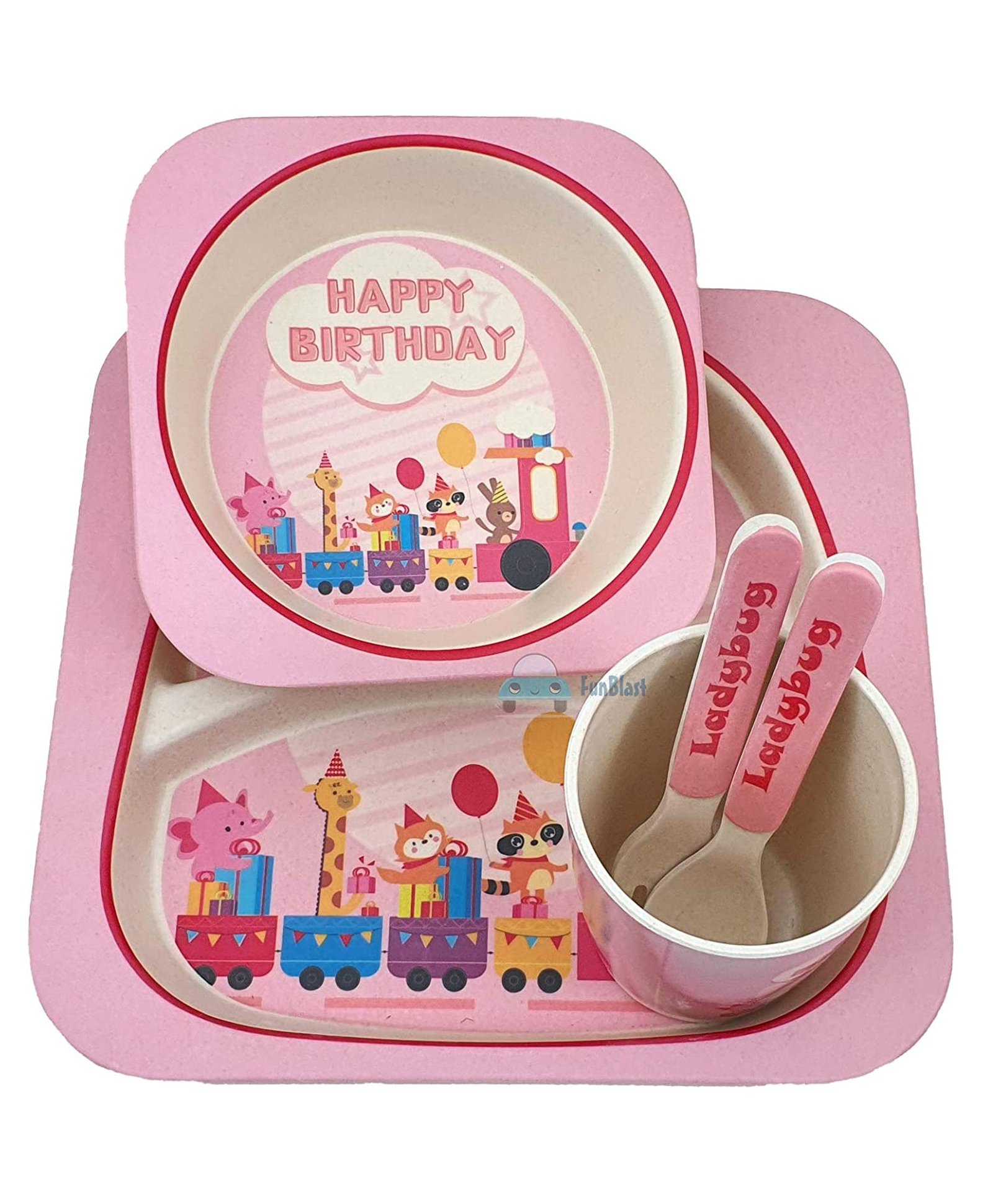 FunBlast Bamboo Fibre Happy Birthday Theme Dining Set of 5 - Pink-picture-17
