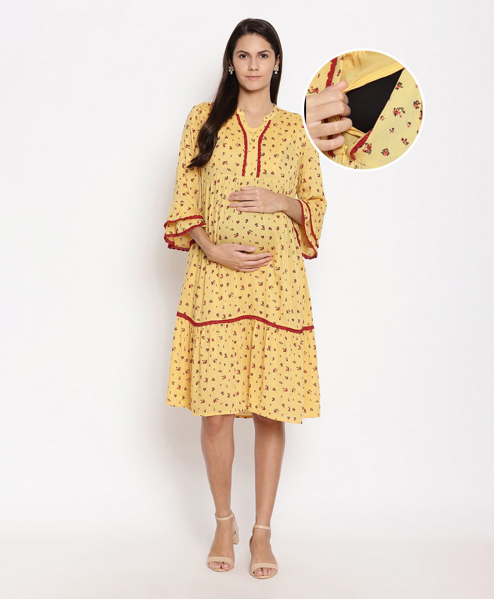Bella Mama Three Fourth Sleeves Floral Printed Dress - Yellow-picture-46