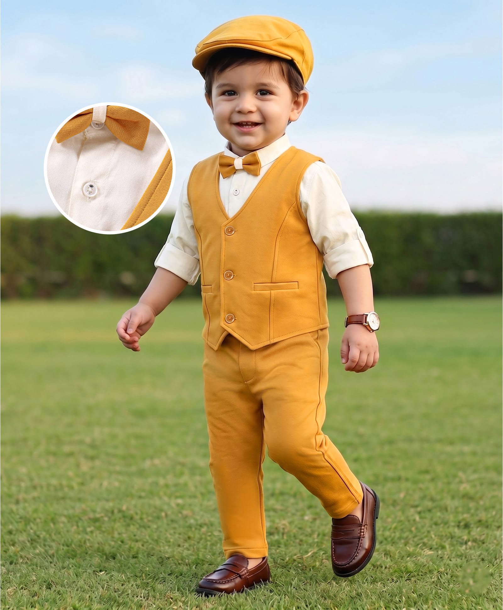 Robo Fry Full Sleeves Party Suit with Bow and Cap - Yellow-image-34
