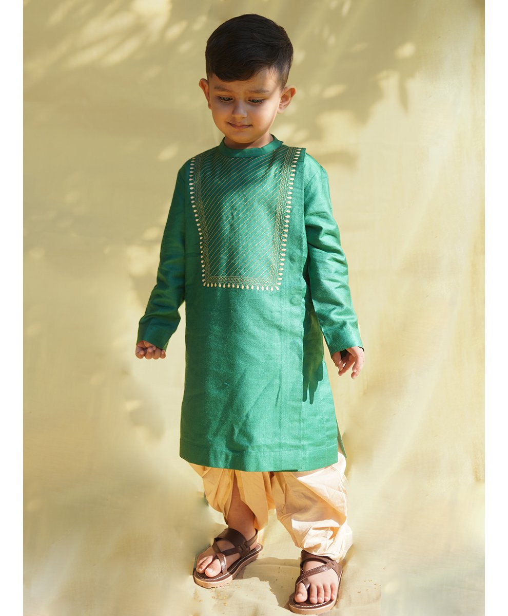 Tiber Taber Full Sleeves Embroidery Yoke Detailing Kurta & Dhoti Set - Green-image-26