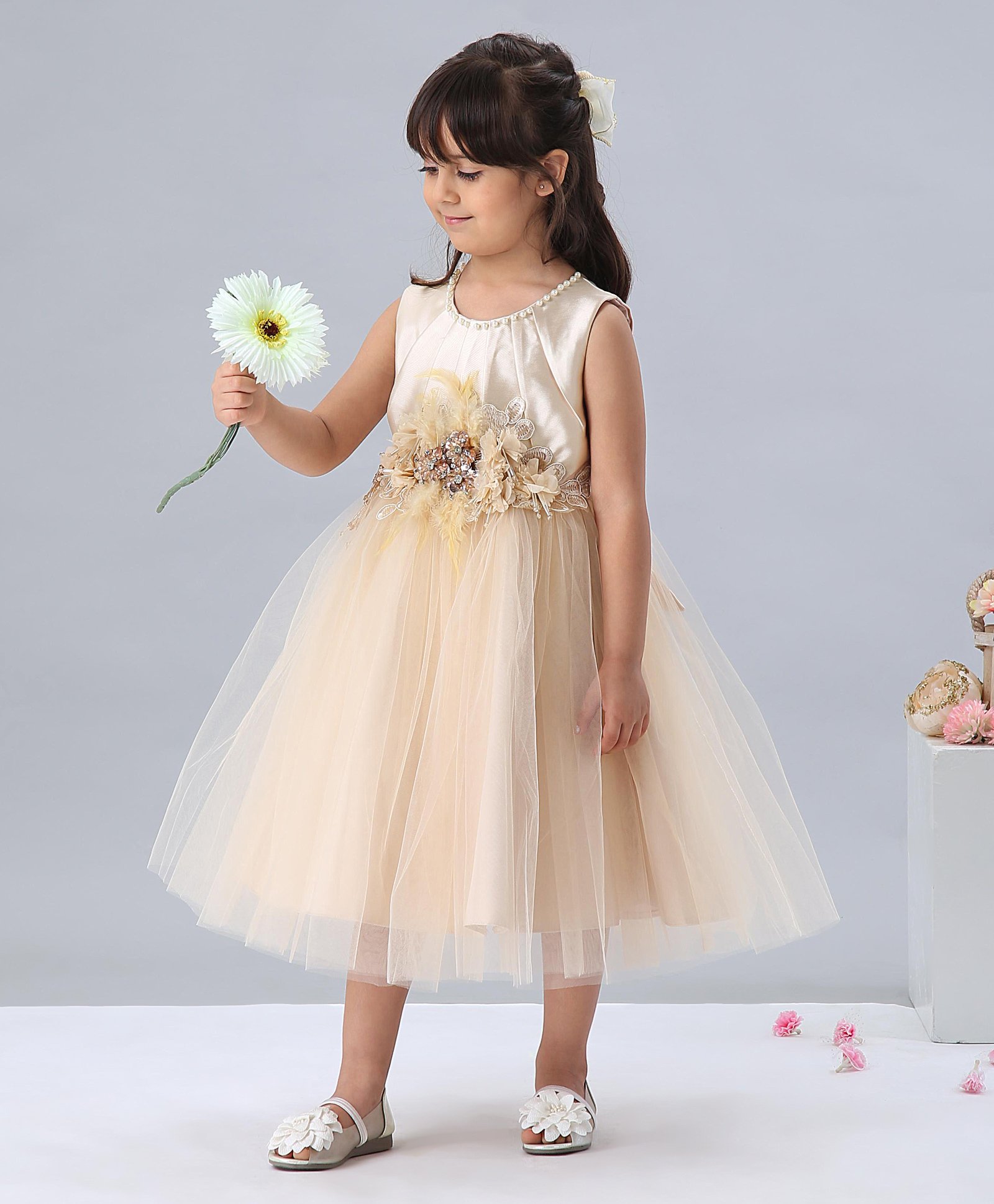 Mark & Mia Sleeveless Floral & Pearl Embroidered Frock - Peach-image-6