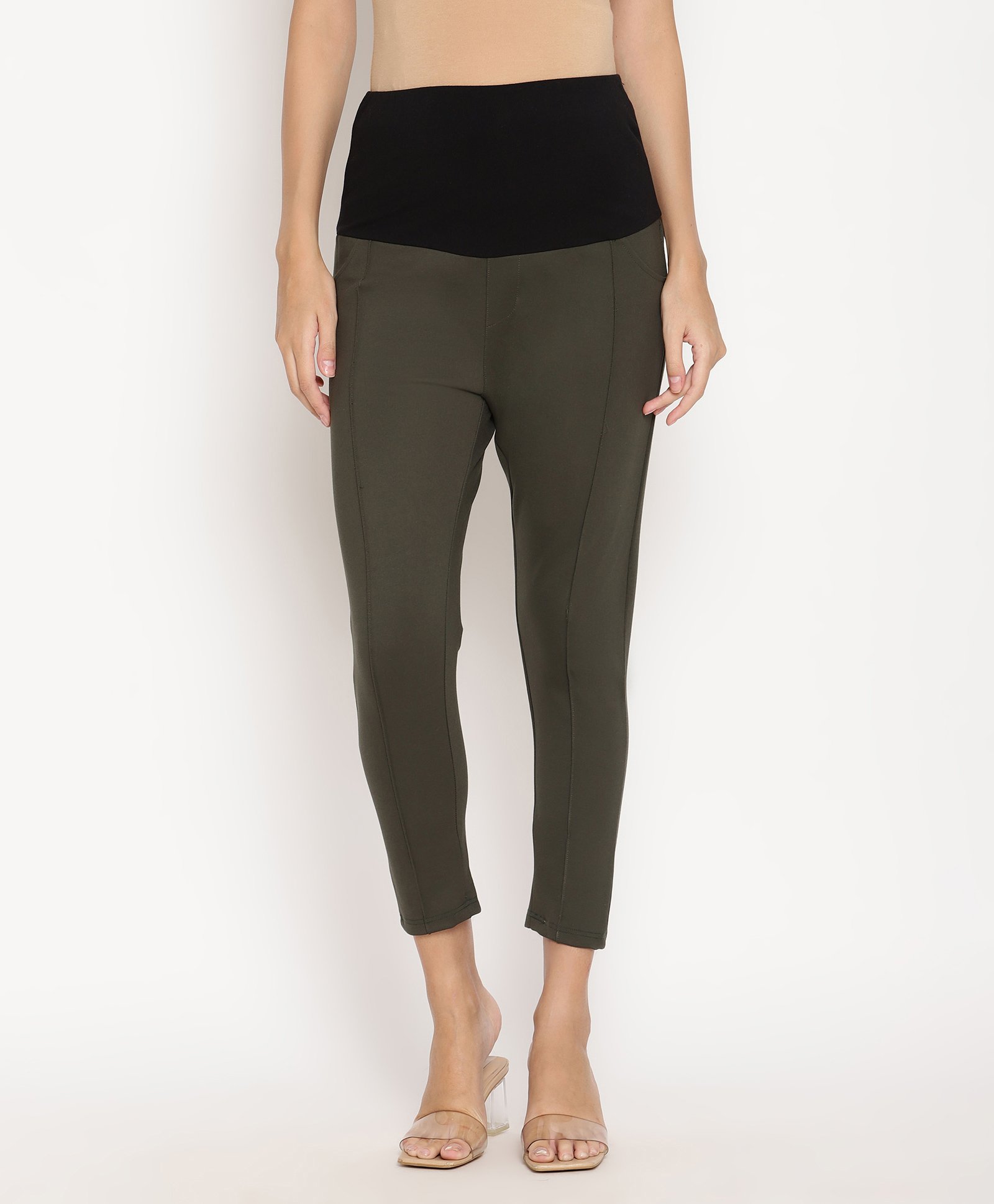 Bella Mama Full Length Maternity Jeggings With Pin tucks - Green-picture-23